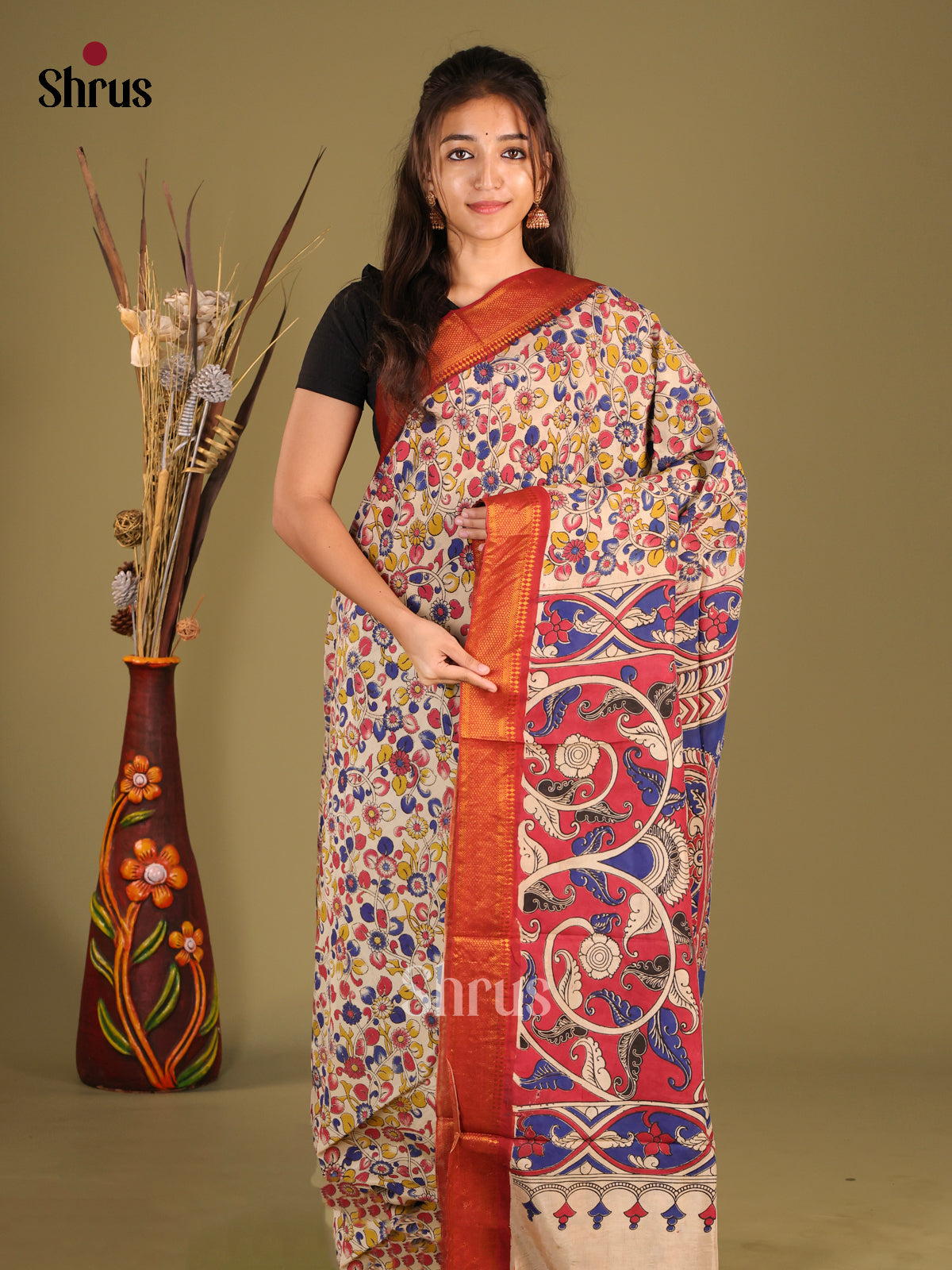Cream & Blue - chennur-kalamkari Saree
