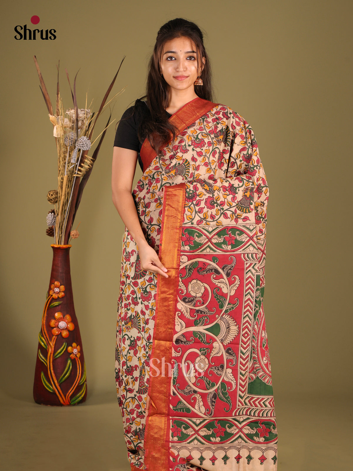 Cream & Red - chennur-kalamkari Saree