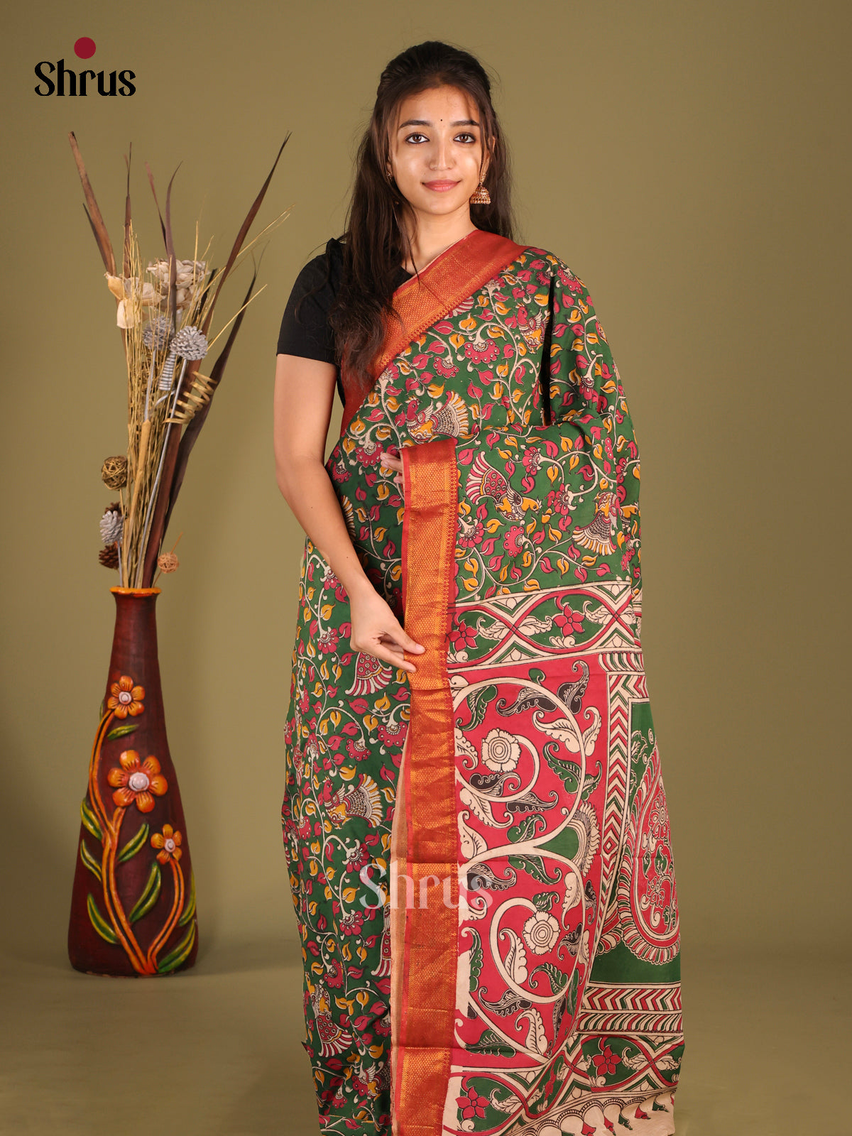Green & Red - chennur-kalamkari Saree - Shop on Shrus.com