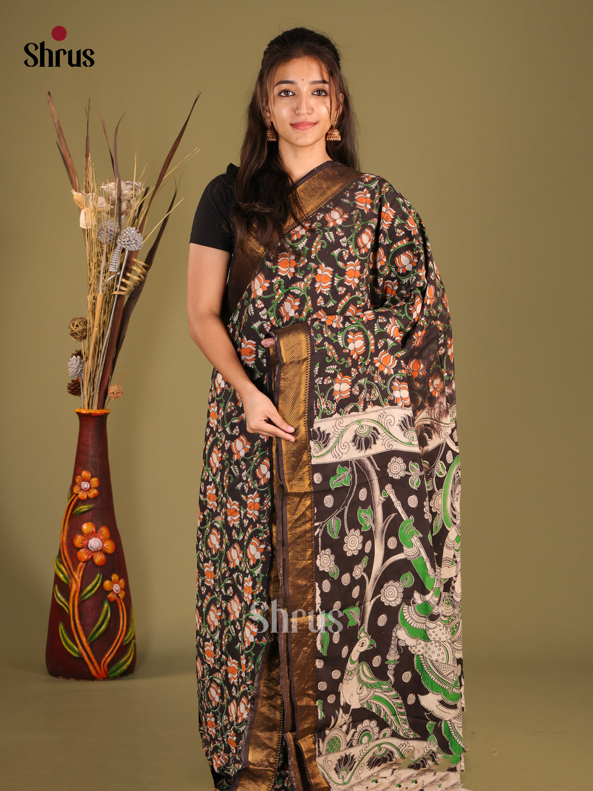 Brown & White - chennur-kalamkari Saree