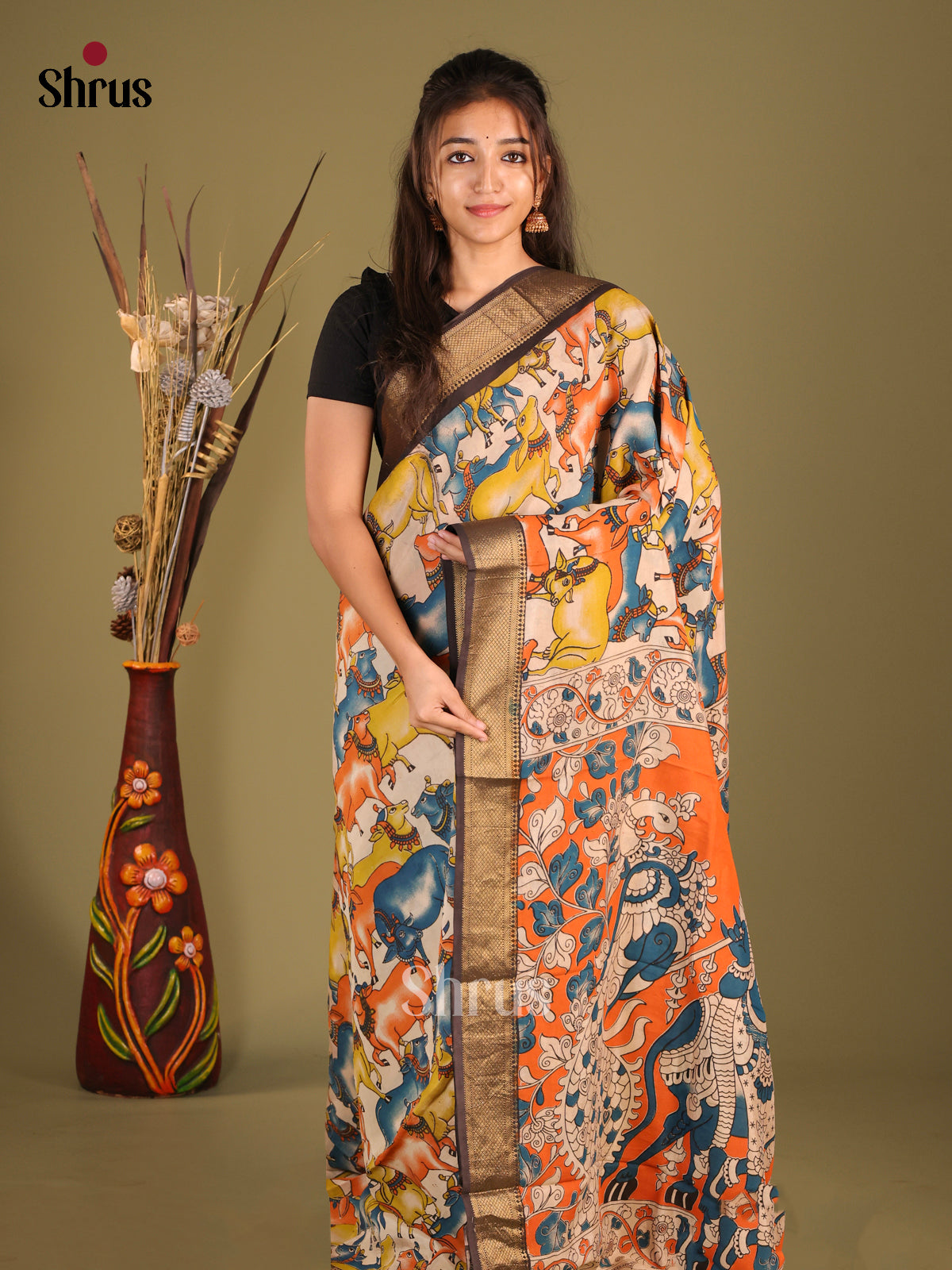 Multicolor & Orange - chennur-kalamkari Saree - Shop on Shrus.com