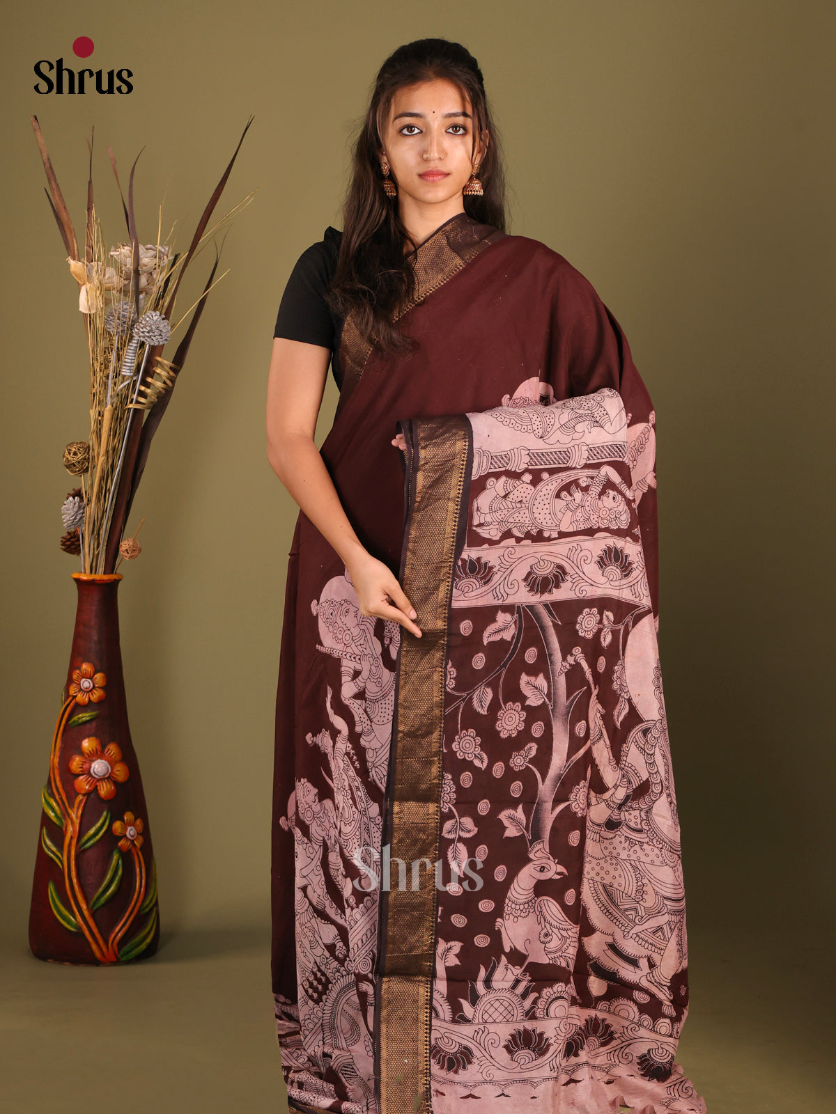 Brown & White - chennur-kalamkari Saree