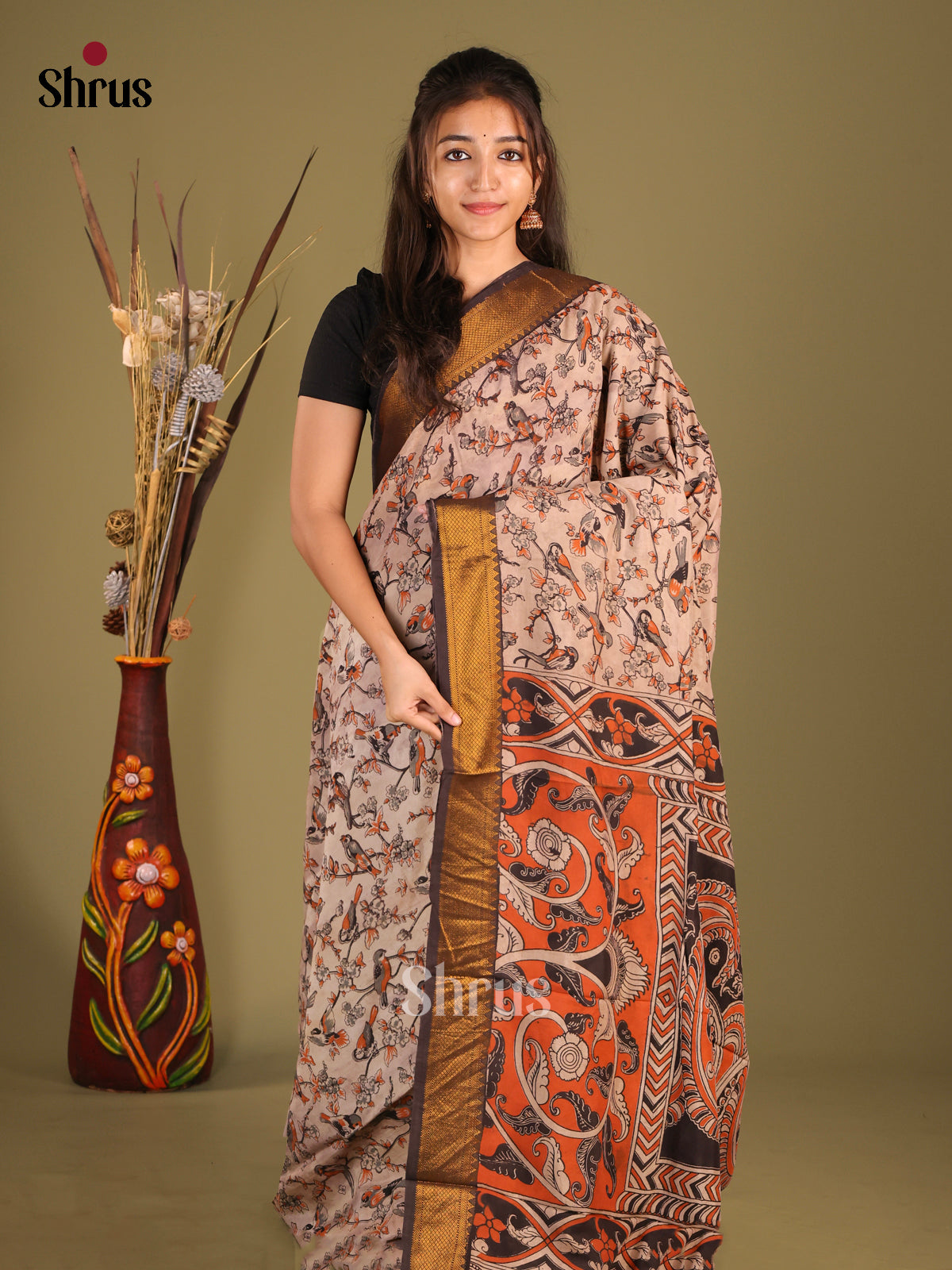 Cream & Black - chennur-kalamkari Saree