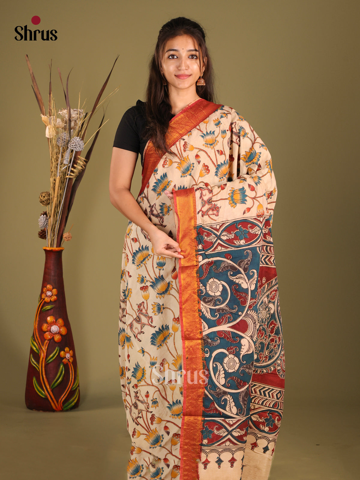 Cream & Red - chennur-kalamkari Saree