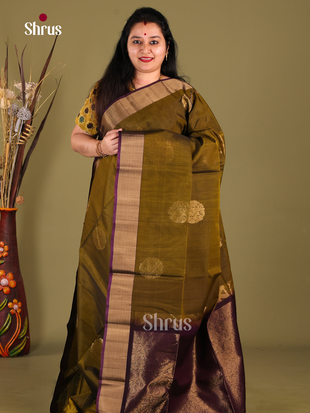 Mehandi Green & Violet- Silk Cotton Saree - Shop on Shrus.com