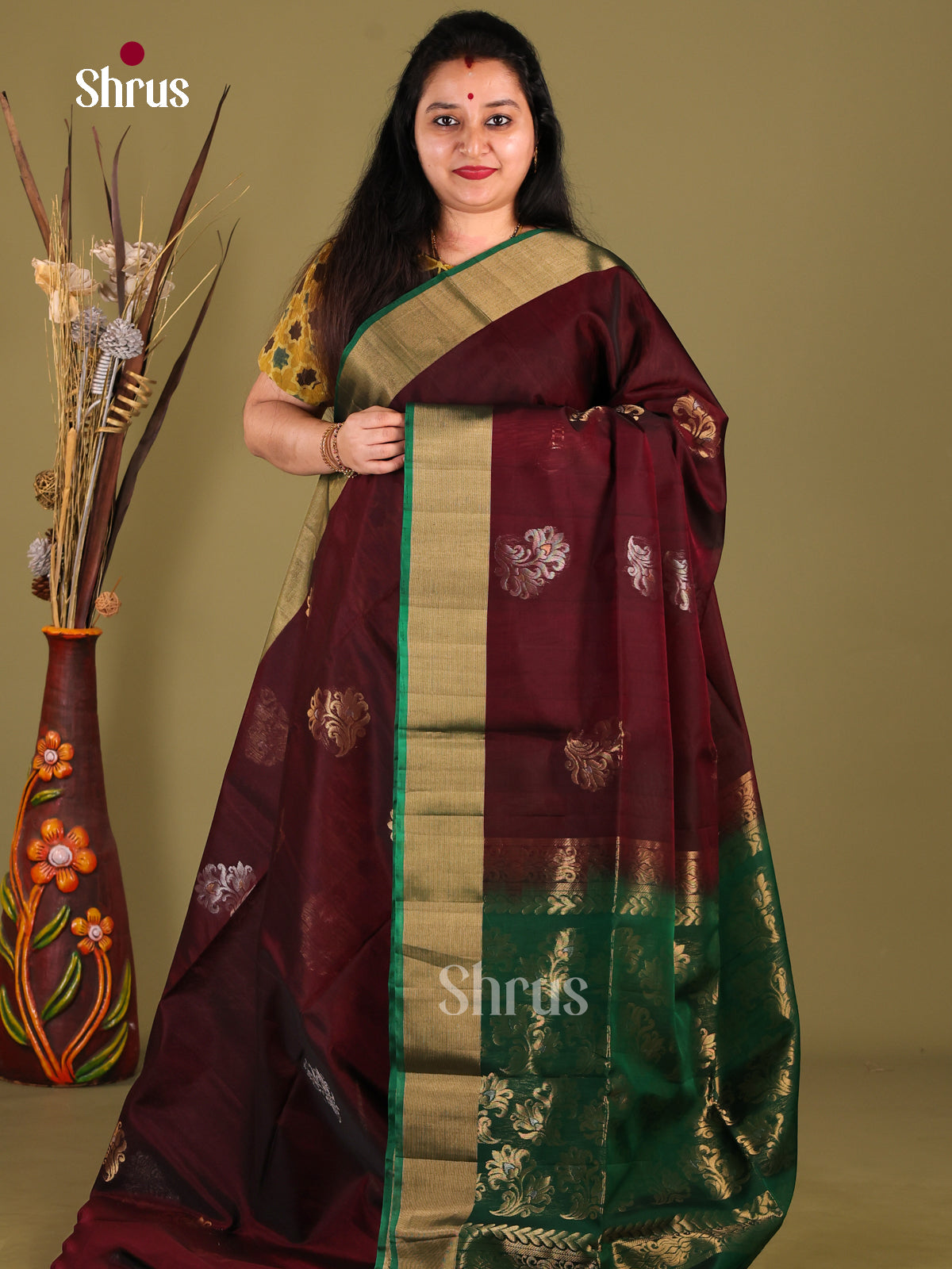 Stunning Maroon Silk Cotton Saree with Zari Motifs & Green Brocade Pallu