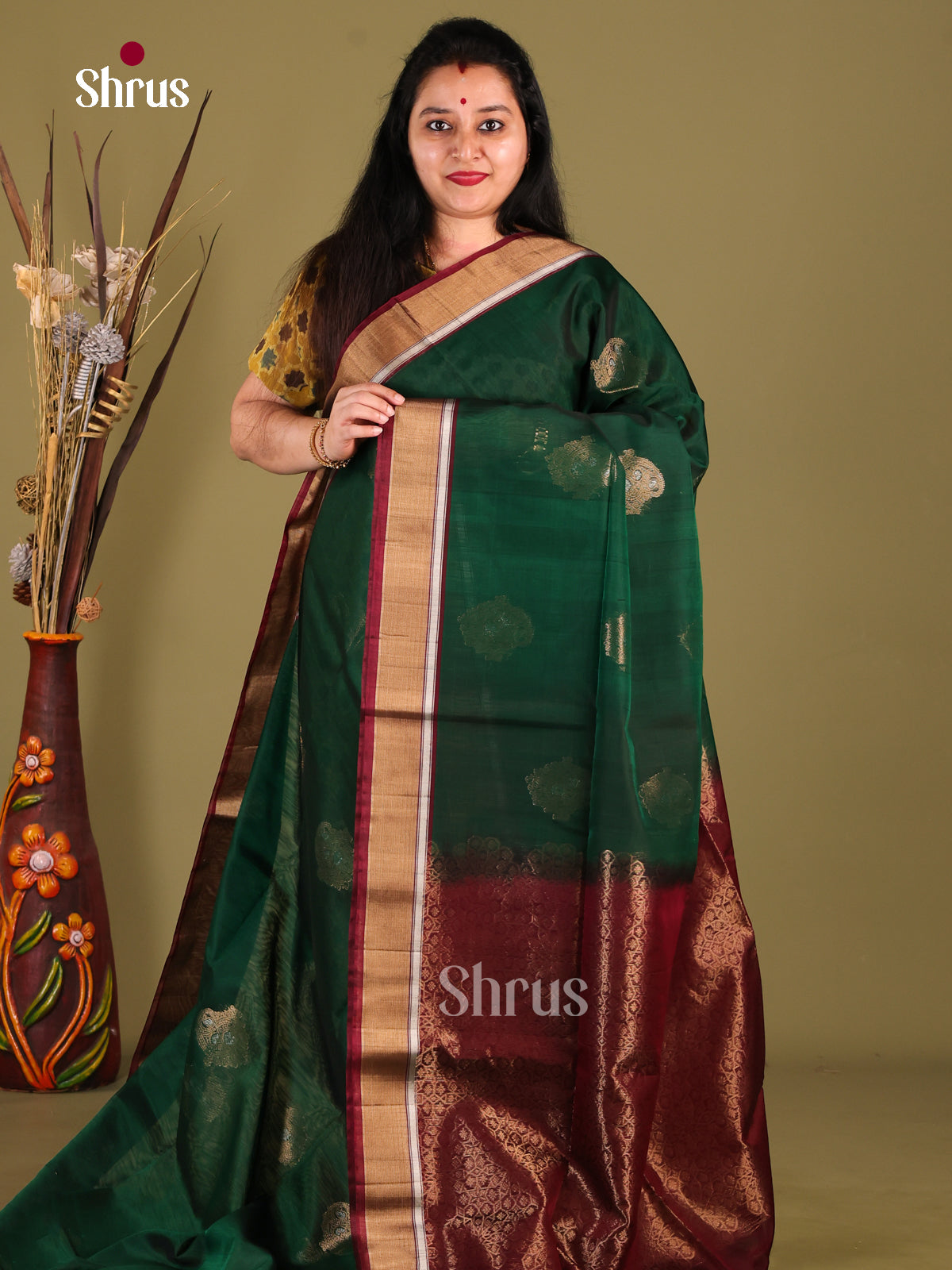 Serene Green Silk Cotton Saree with Zari Floral Motifs & MAroon Pallu - Shop on Shrus.com