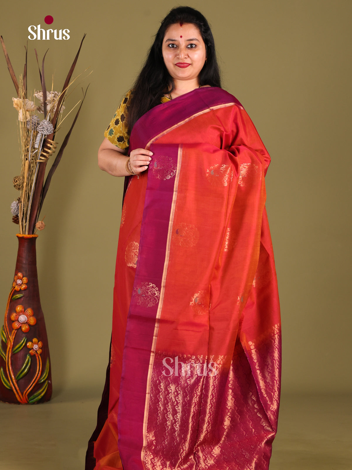 Radiant Orange Silk Cotton Saree with Zari Motifs & Contrast Purple Pallu - Shop on Shrus.com