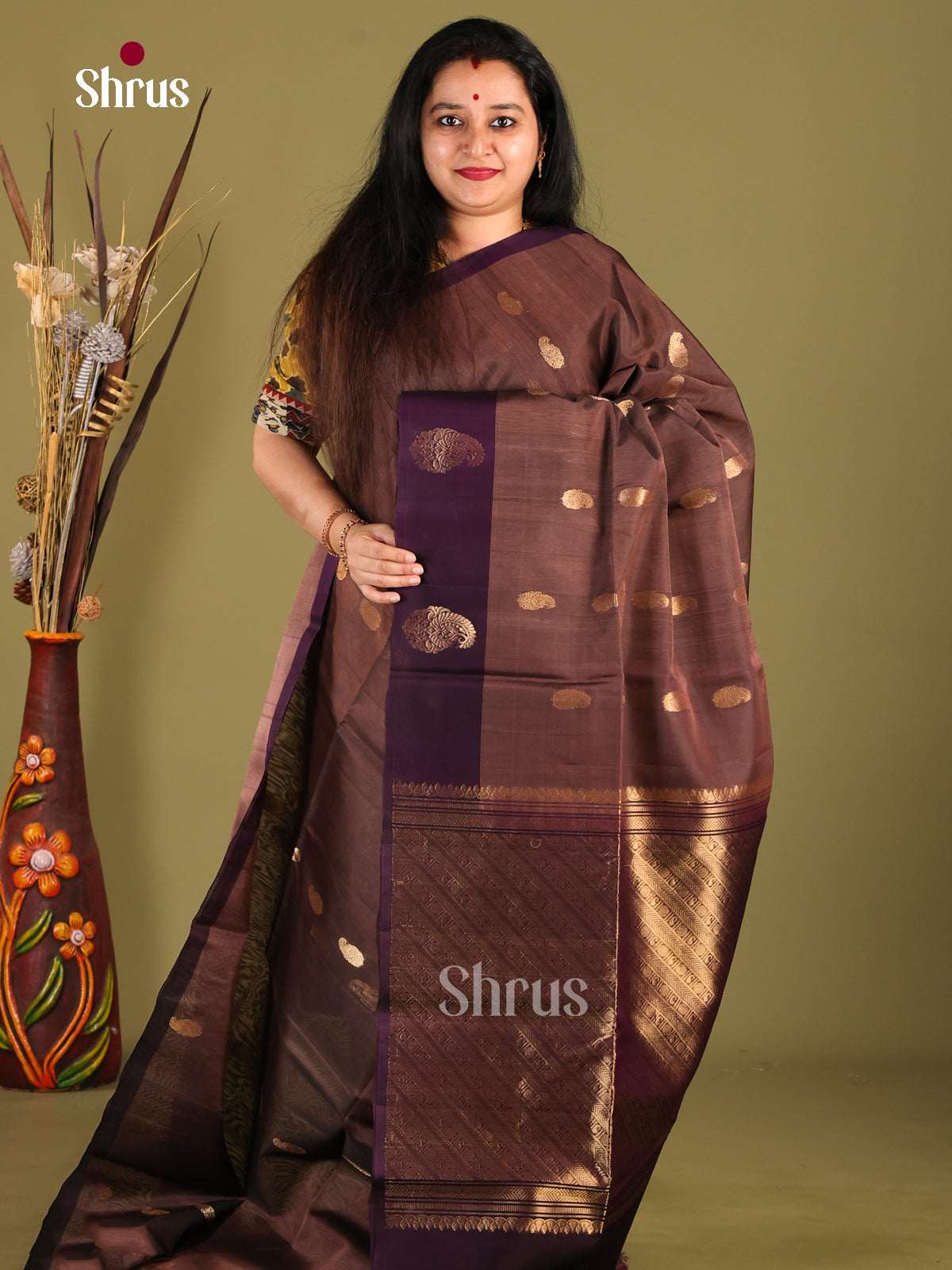 Brown & Violet - Silk Cotton Saree