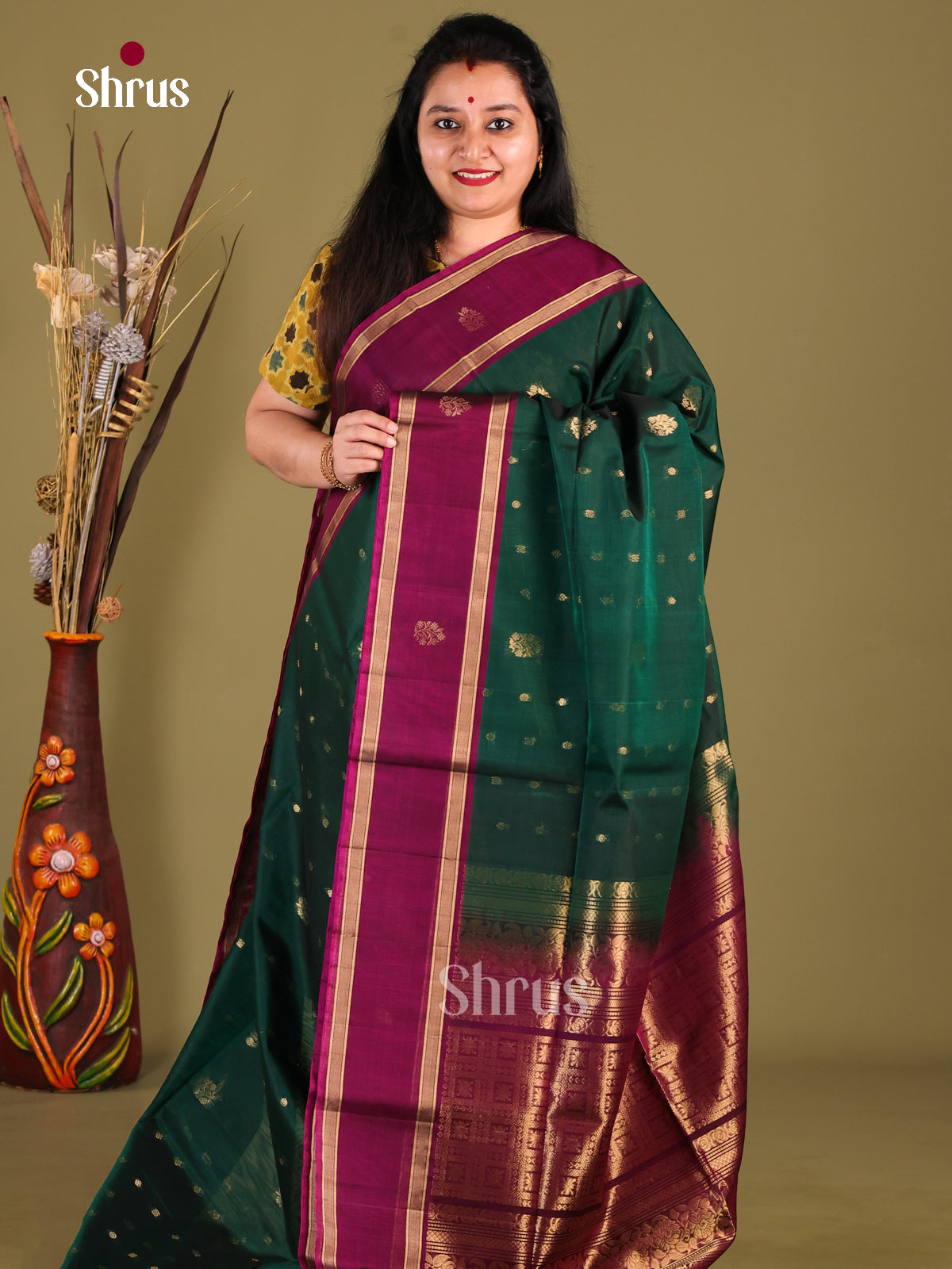 Exquisite Green Silk Cotton Saree with Zari Buttas & Purple Rettaipet Zari border - Shop on Shrus.com