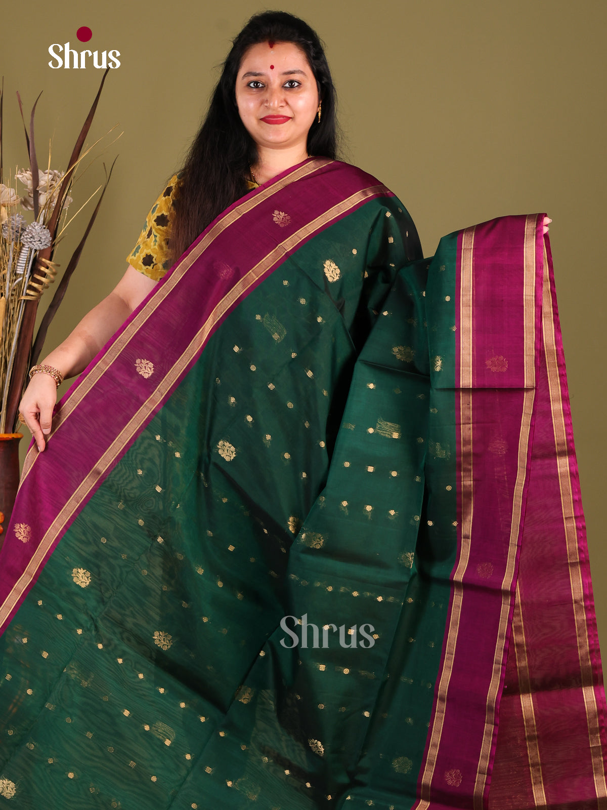 Exquisite Green Silk Cotton Saree with Zari Buttas & Purple Rettaipet Zari border - Shop on Shrus.com