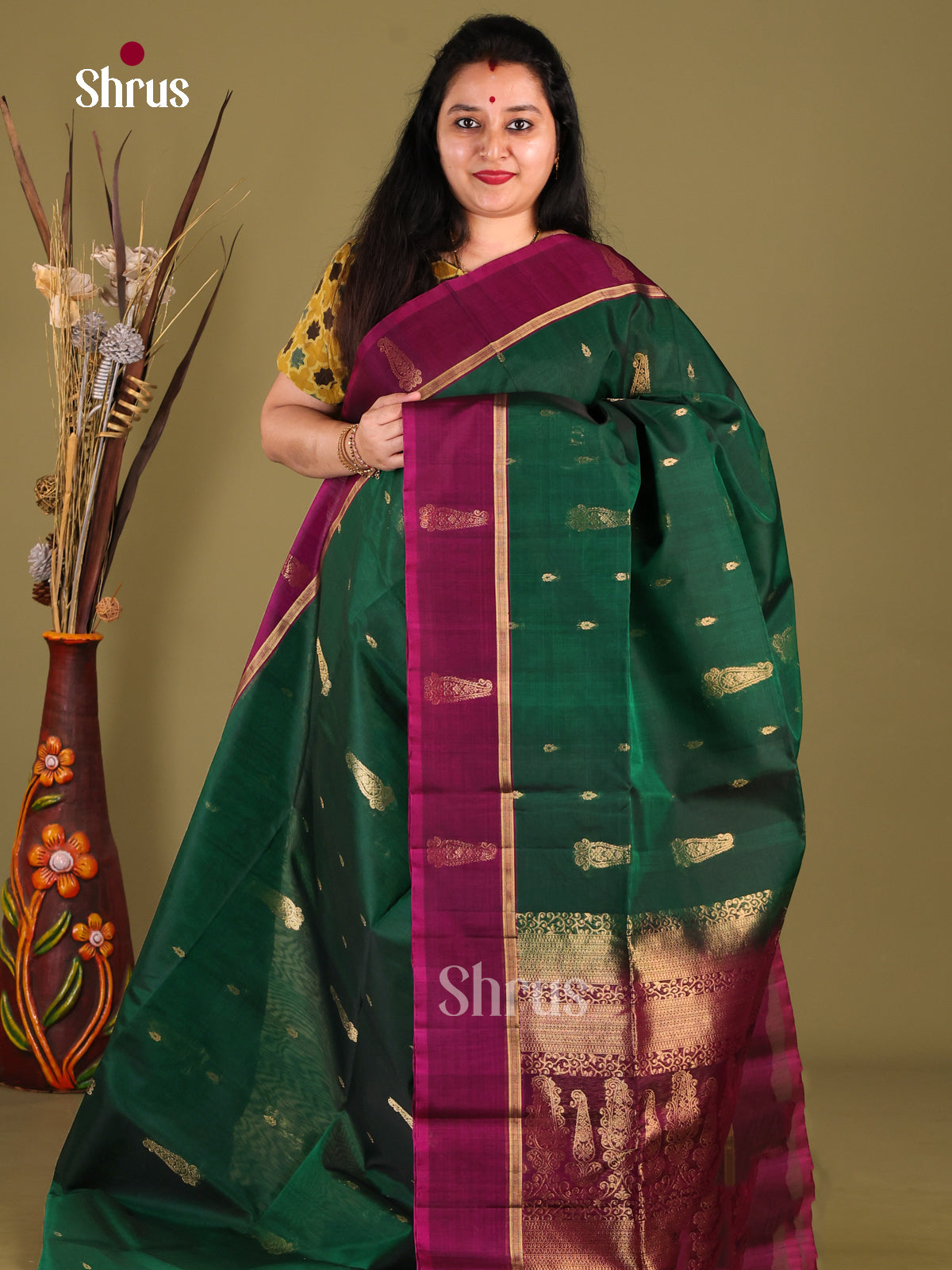 Green & Purple - Silk Cotton Saree - Shop on Shrus.com