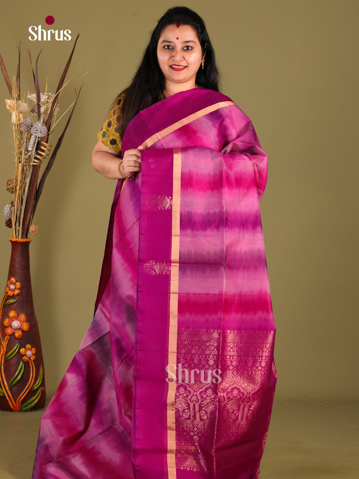 Chic Pink Silk Cotton Saree With Stripes Pattern & Purple Brocade PAllu