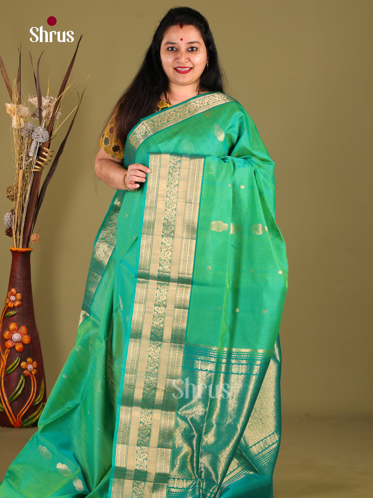Green & Teal - Silk Cotton Saree - Shop on Shrus.com