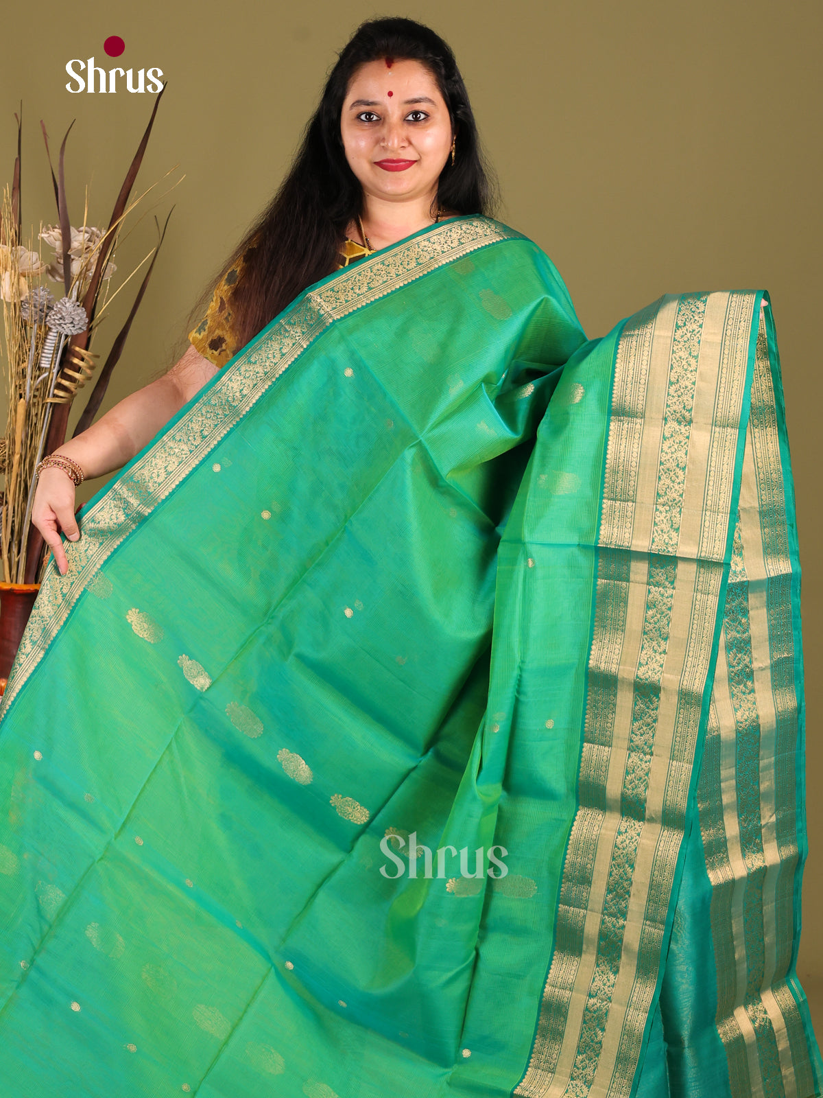 Green & Teal - Silk Cotton Saree - Shop on Shrus.com