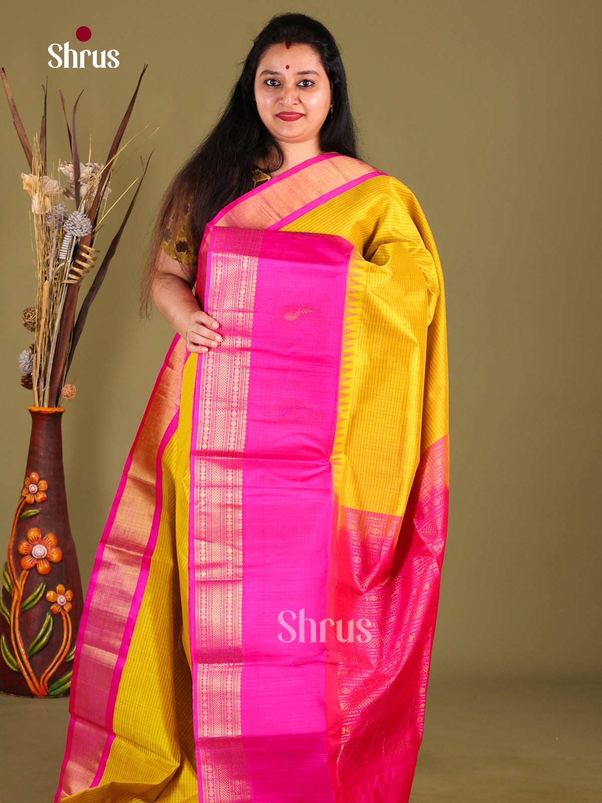 Luminous Yellow Silk Cotton Saree with Zari Kattams & Pink Korvai Border