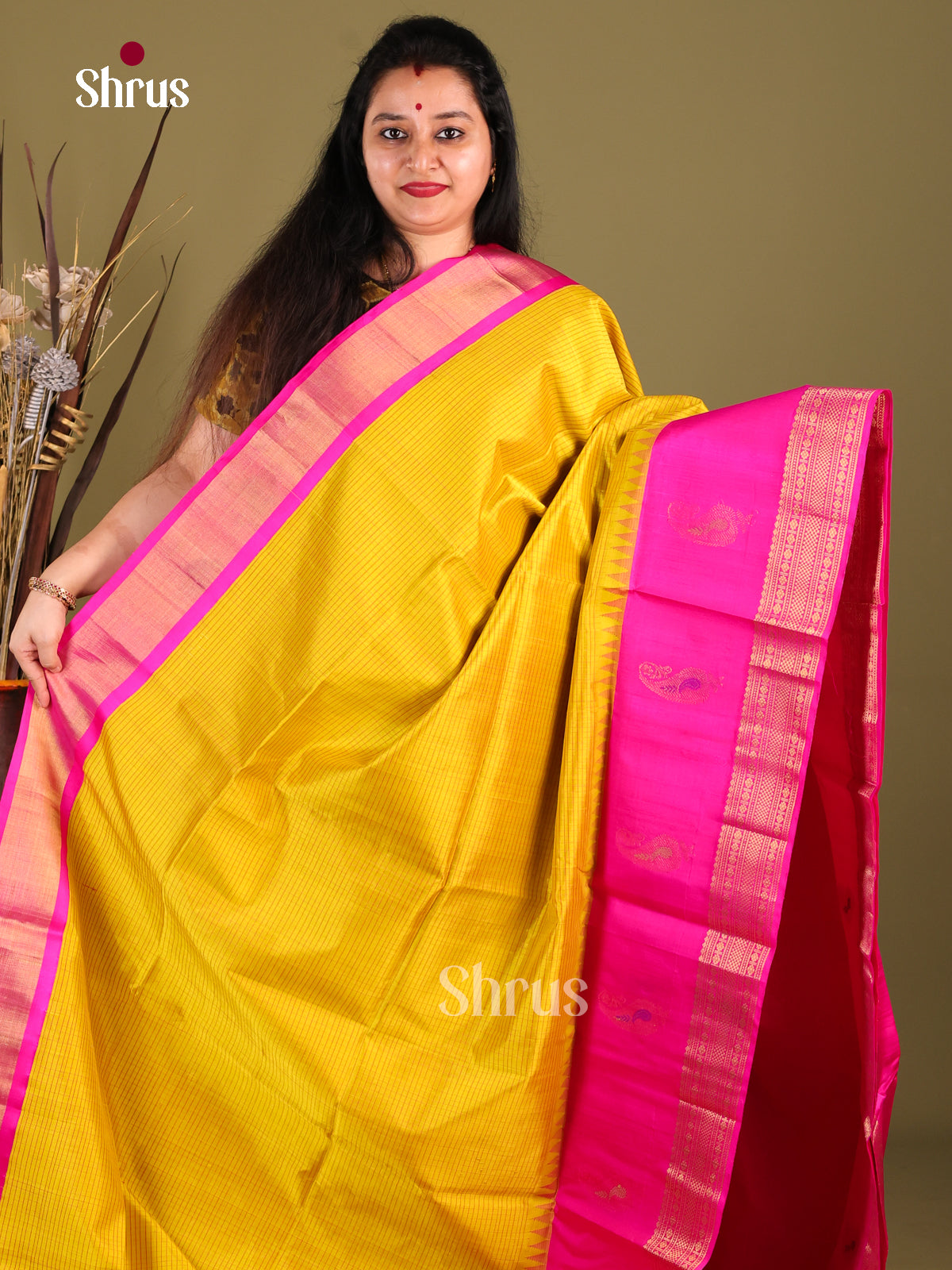 Luminous Yellow Silk Cotton Saree with Zari Kattams & Pink Korvai Border 1