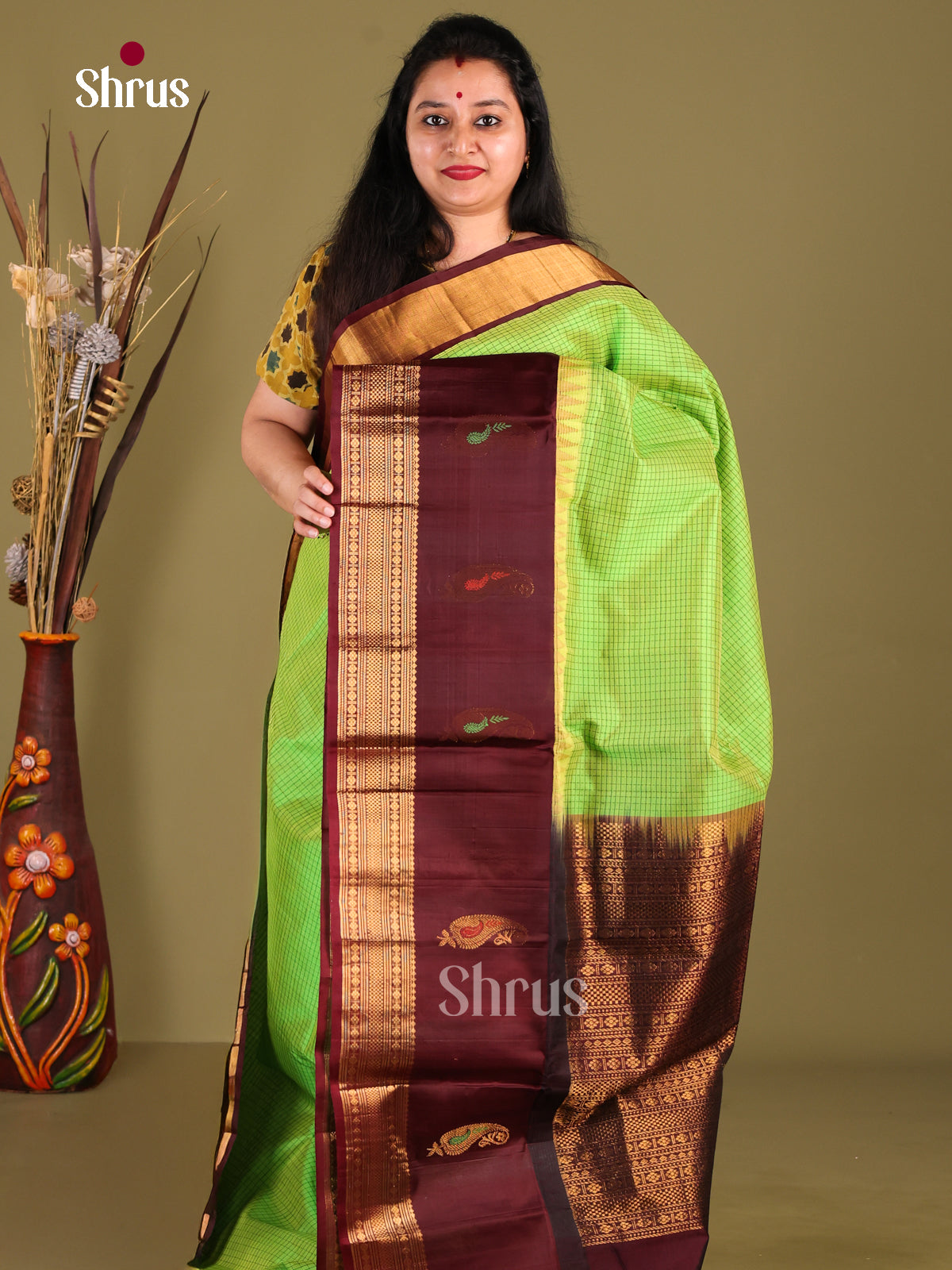 Chic Light Green Silk Cotton Saree With Zari Checks & Brown Korvai Zari Border