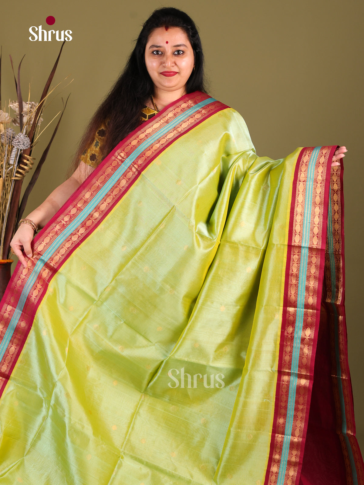 Lustrous Light Green Silk Cotton Saree With Maroon Korvai Rettaipet Border