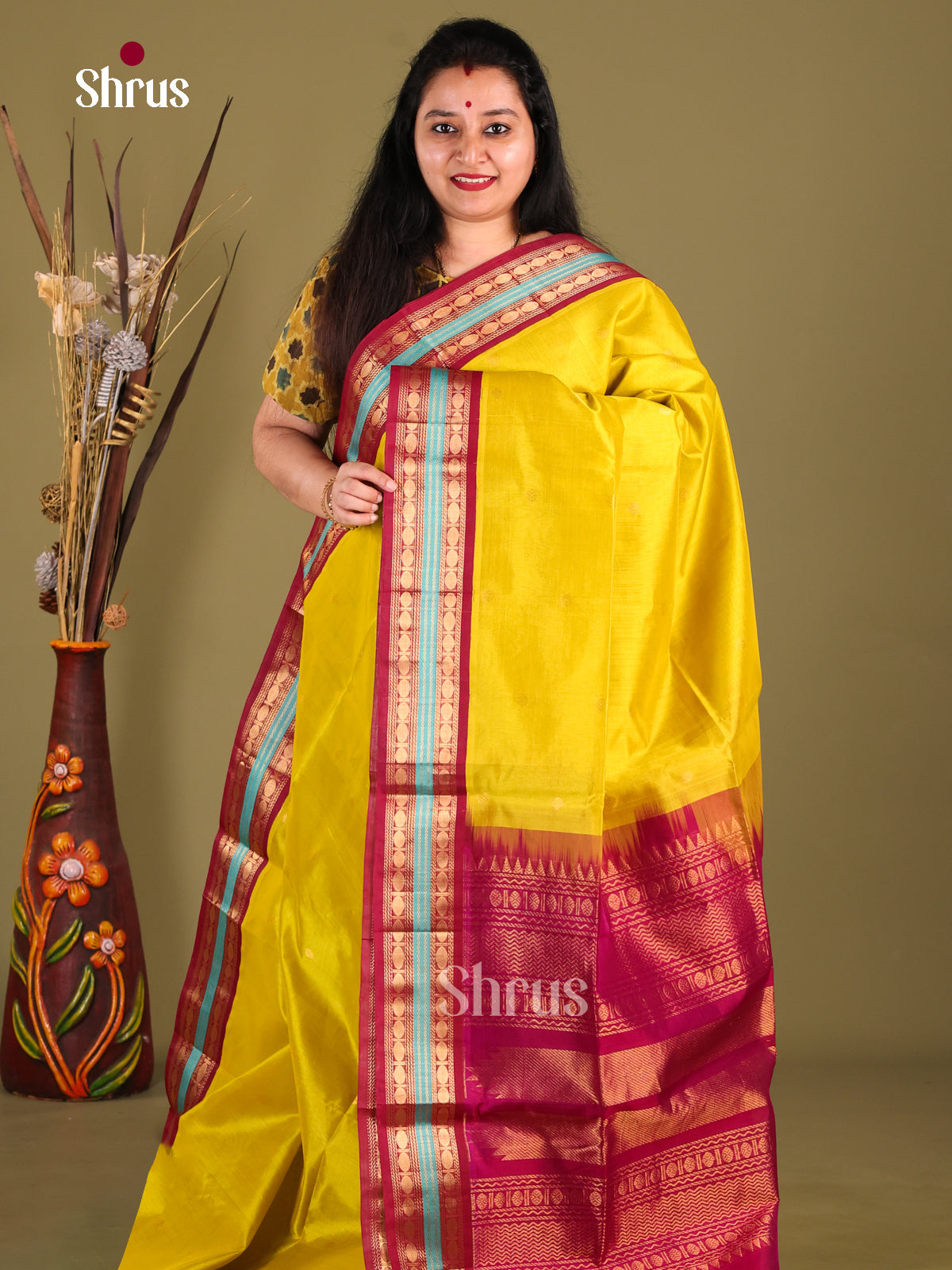 Lustrous YEllow Silk Cotton Saree With Zari Buttas & Maroon Korvai Rettaipet Border - Shop on Shrus.com