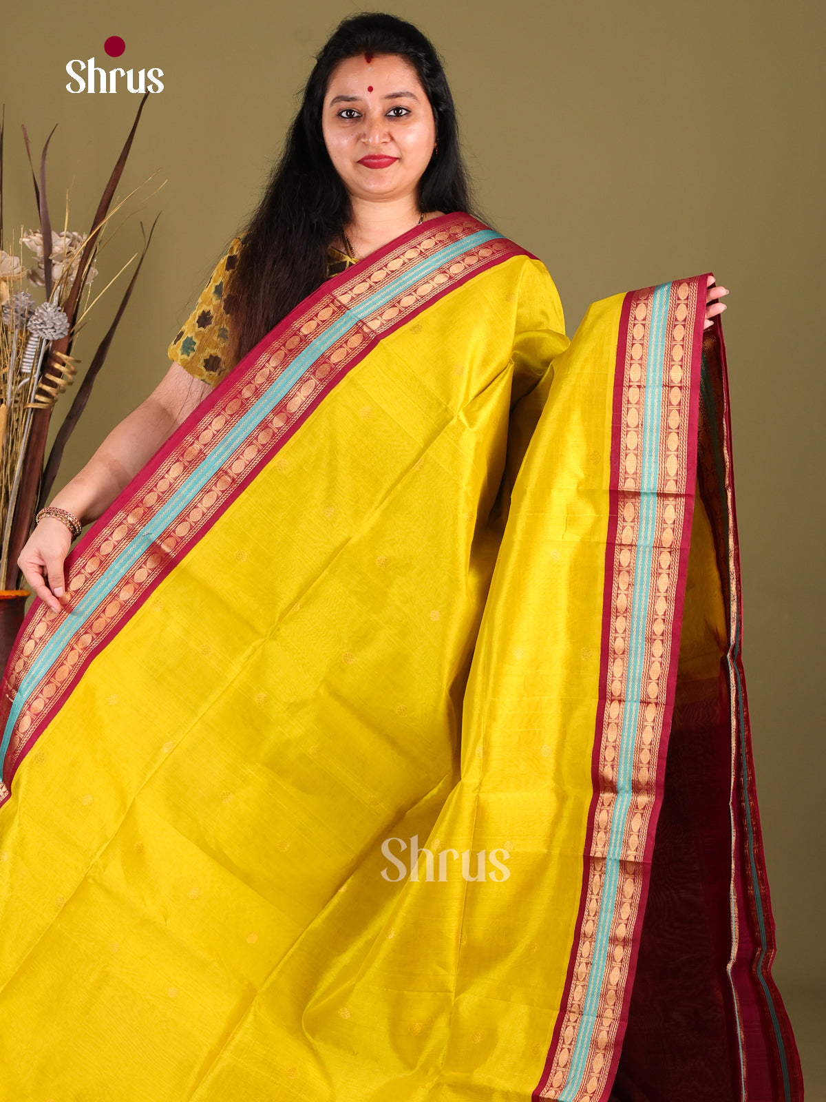 Lustrous YEllow Silk Cotton Saree With Zari Buttas & Maroon Korvai Rettaipet Border - Shop on Shrus.com