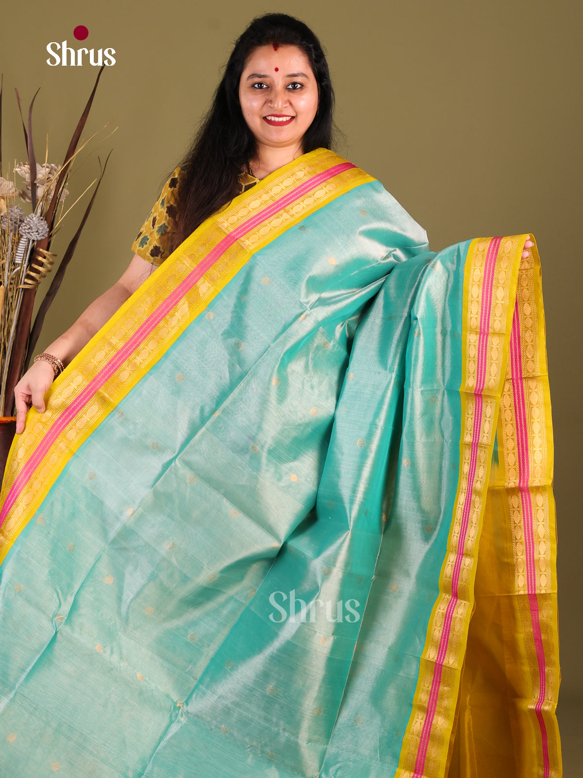 Pastel Blue & Yellow Silk Cotton Korvai-Small border Saree - Shop on Shrus.com