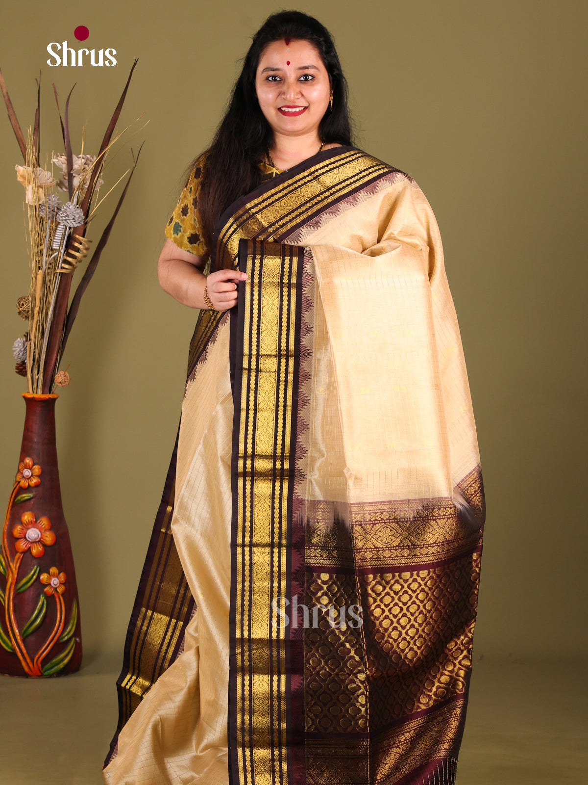 Cream & Brown Silk Cotton Korvai-kattams Saree