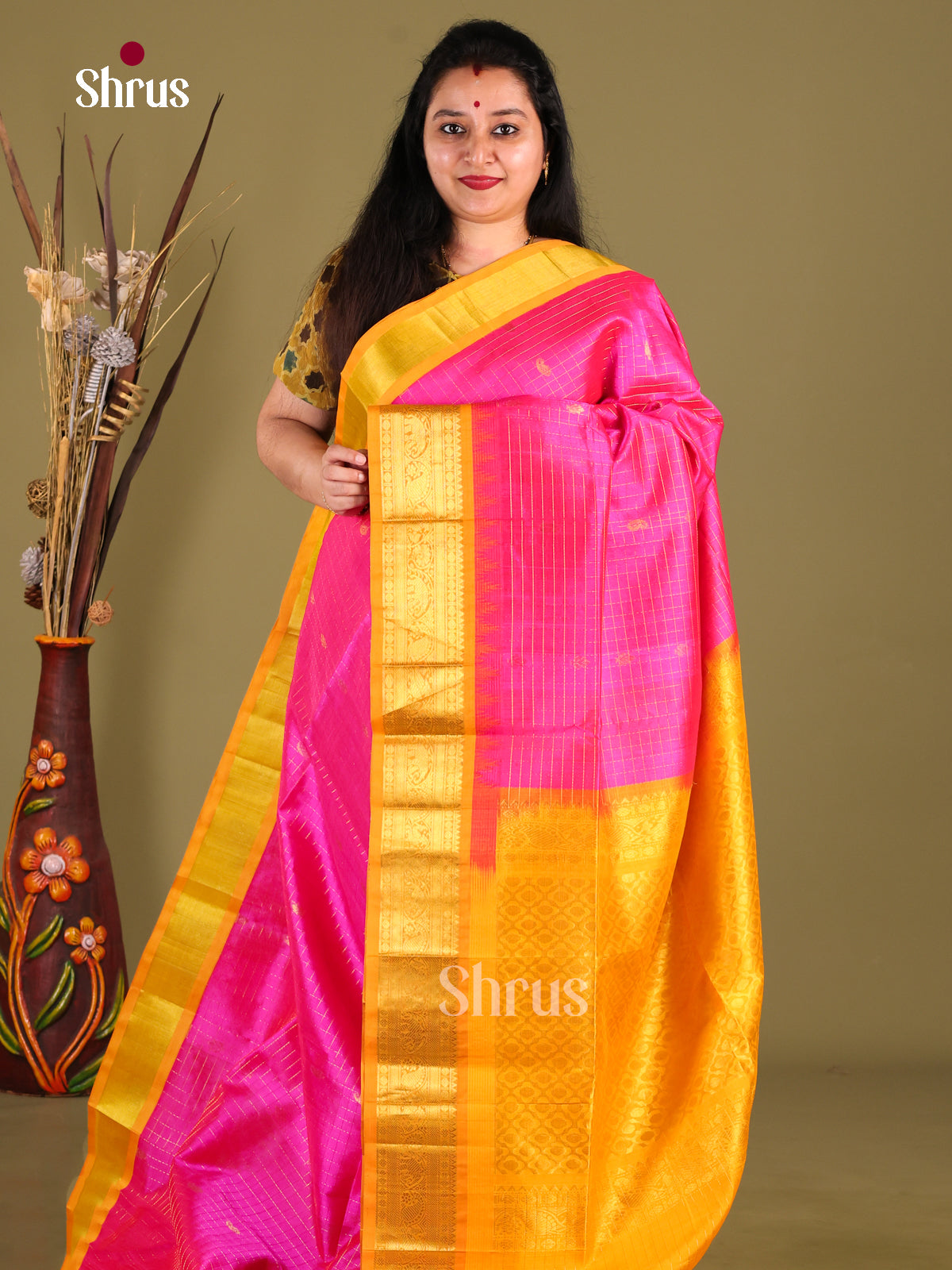 Regal Pink Silk Cotton Saree With Zari Checks, Buttas & Yellow Korvai Zari Border - Shop on Shrus.com