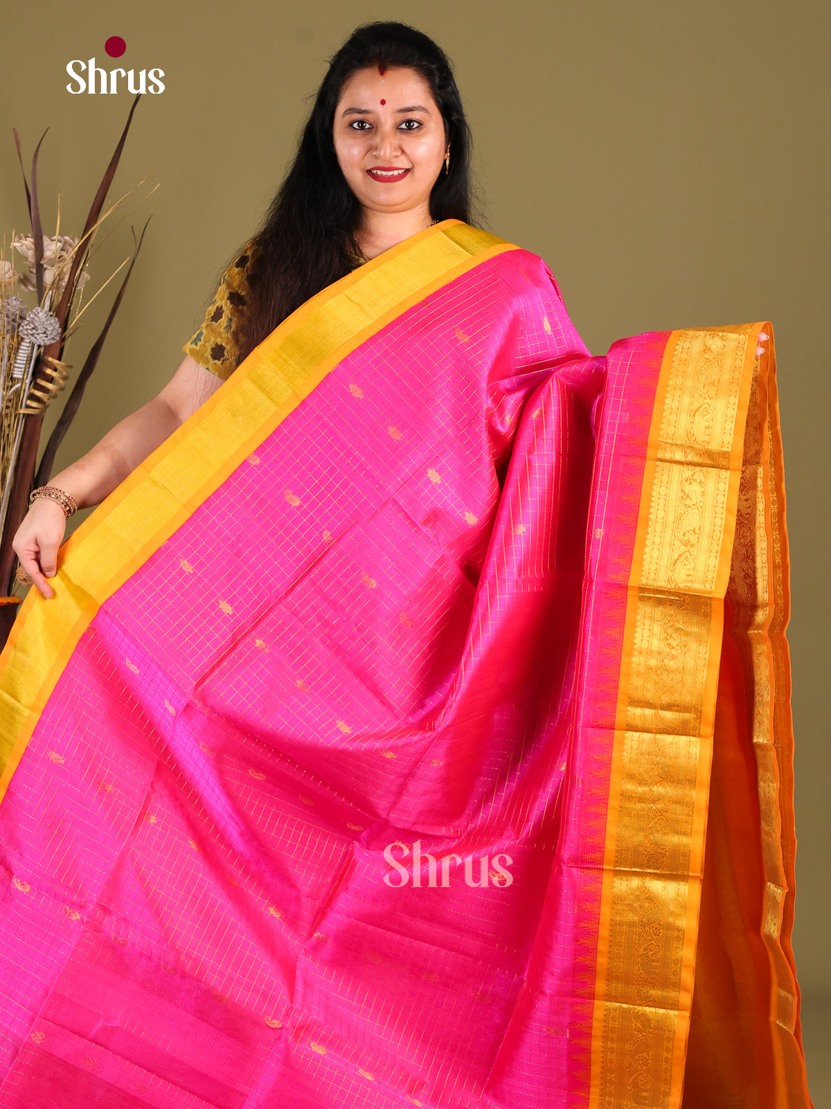 Regal Pink Silk Cotton Saree With Zari Checks, Buttas & Yellow Korvai Zari Border - Shop on Shrus.com
