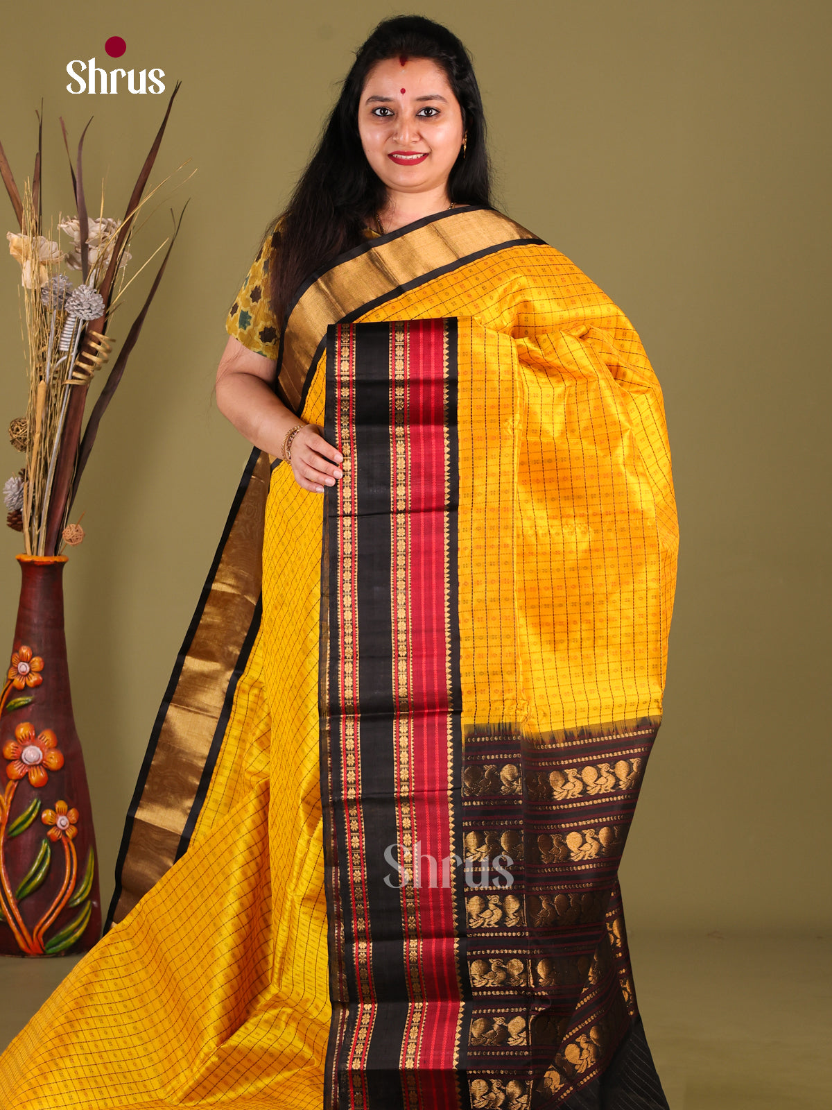 Radiant Yellow Silk Cotton Saree With Zari Checks, Buttas & Black Rettaipet Border - Shop on Shrus.com