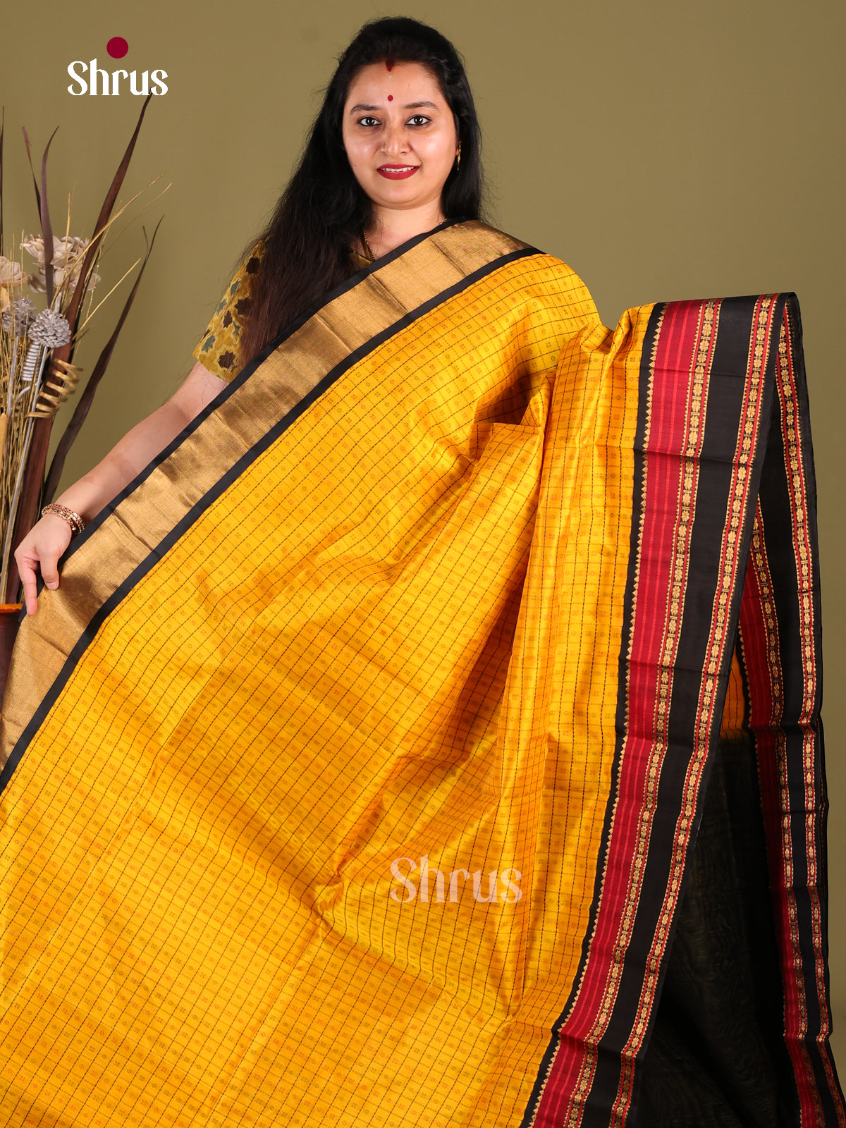 Radiant Yellow Silk Cotton Saree With Zari Checks, Buttas & Black Rettaipet Border - Shop on Shrus.com