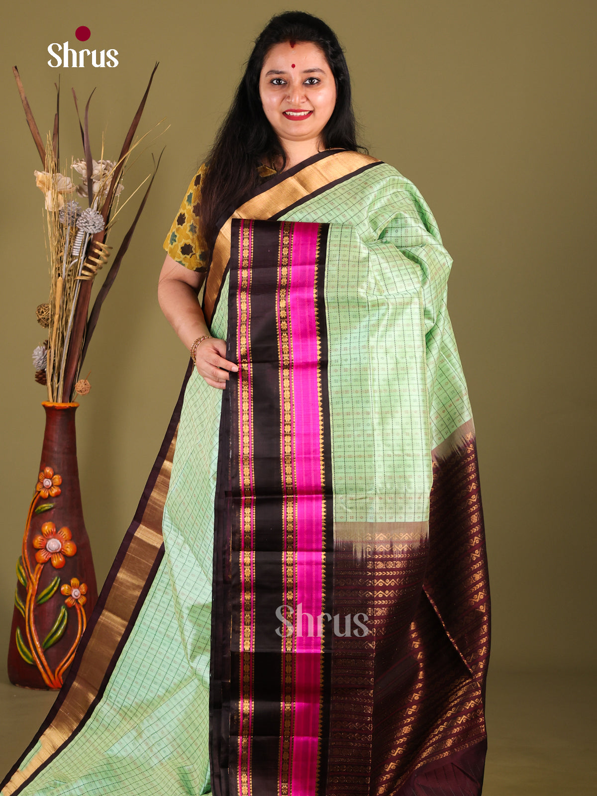 Enchanting Pista Green Silk Cotton Saree With Zari Checks, Buttas & Black Rettaipet Border - Shop on Shrus.com