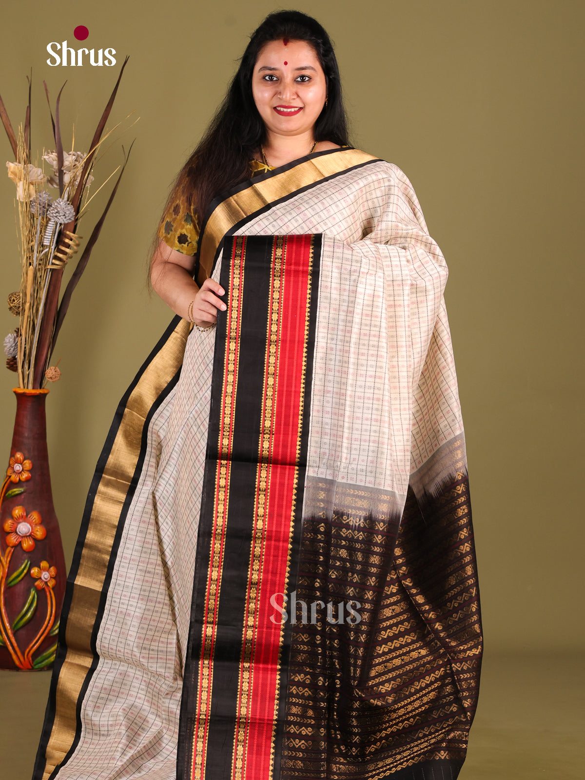 Cream & Black Silk Cotton Korvai-kattams Saree