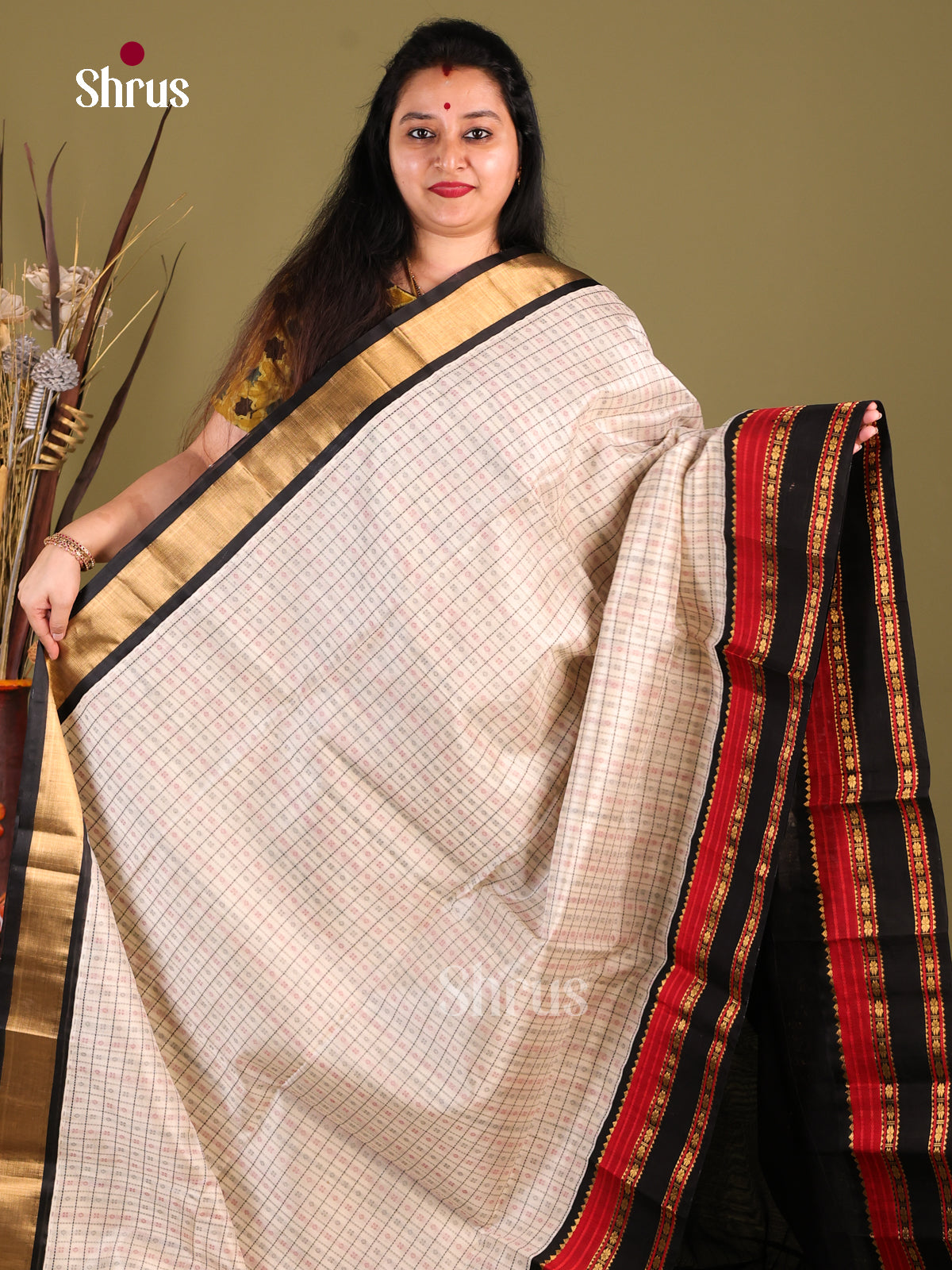 Cream & Black Silk Cotton Korvai-kattams Saree