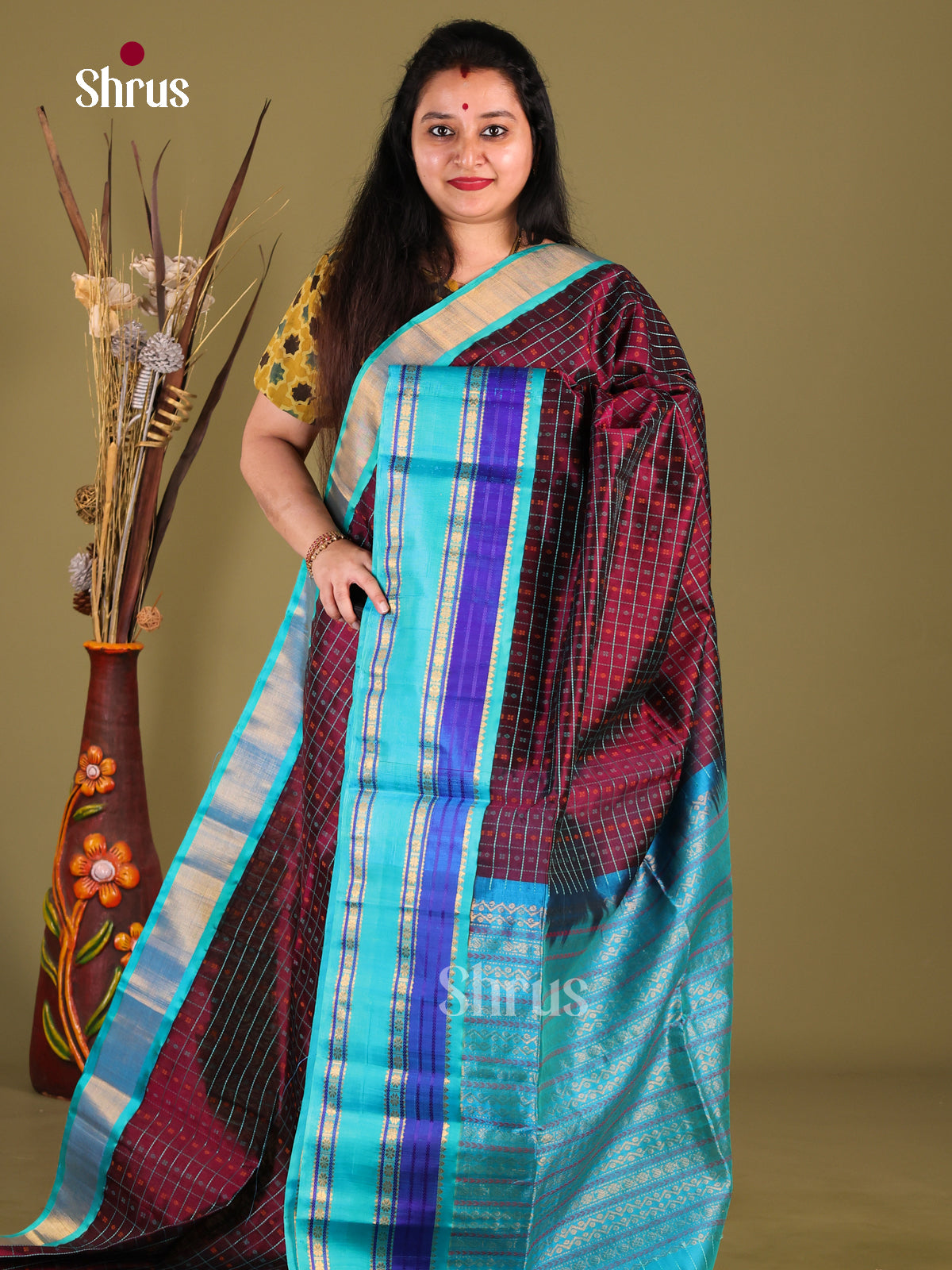 Stunning Maroon Silk Cotton Saree With Zari Checks, Buttas & Blue Rettaipet Border - Shop on Shrus.com