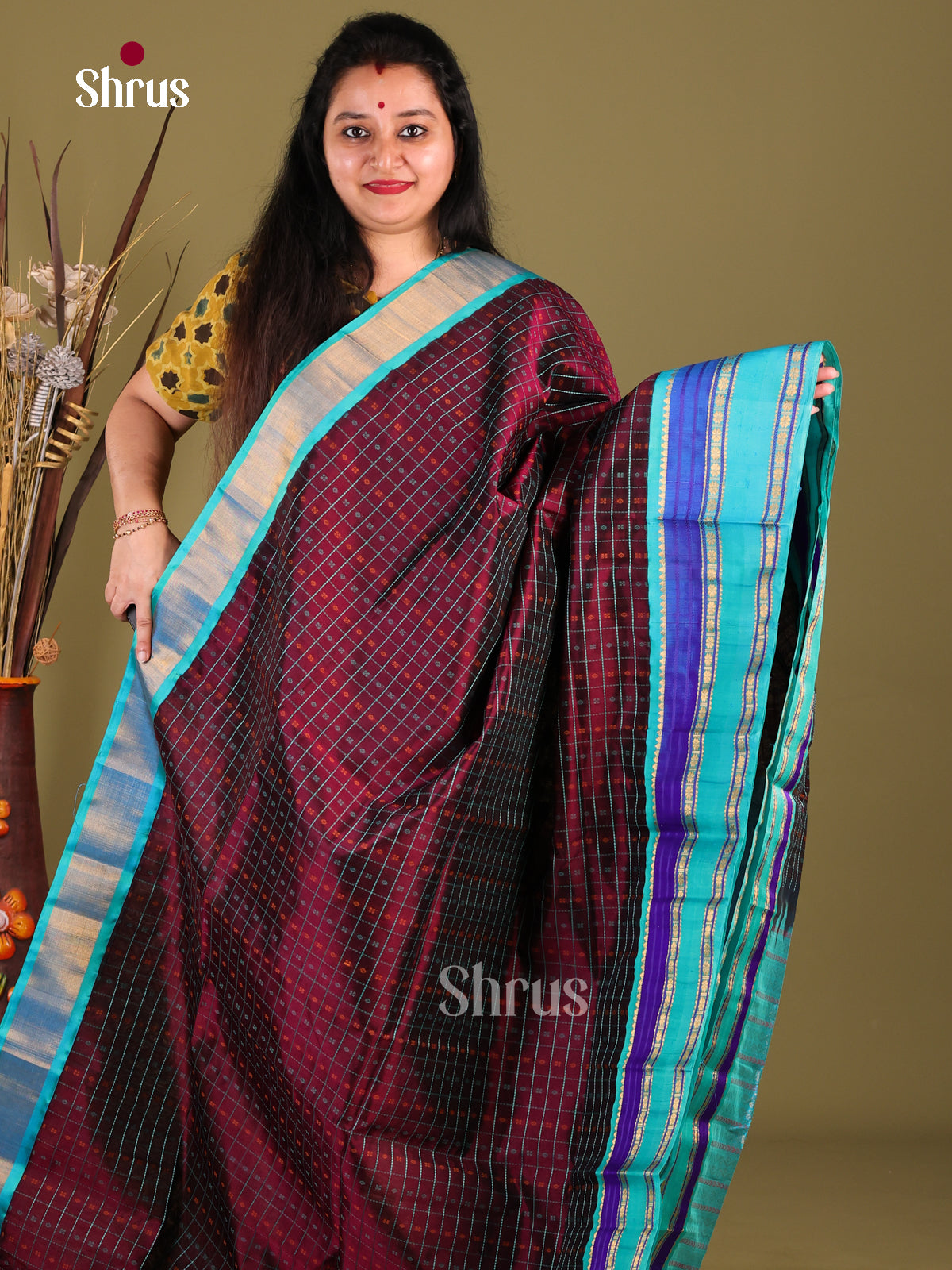 Stunning Maroon Silk Cotton Saree With Zari Checks, Buttas & Blue Rettaipet Border - Shop on Shrus.com