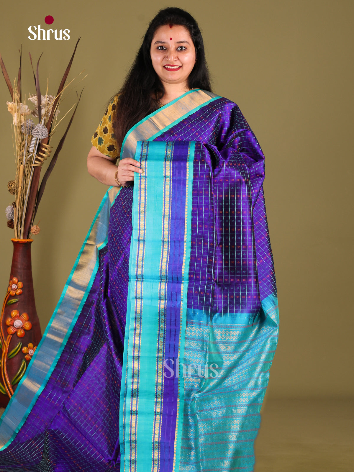 Serene Blue Silk Cotton Saree With Zari Checks, Buttas & Sky Blue Rettaipet Border - Shop on Shrus.com