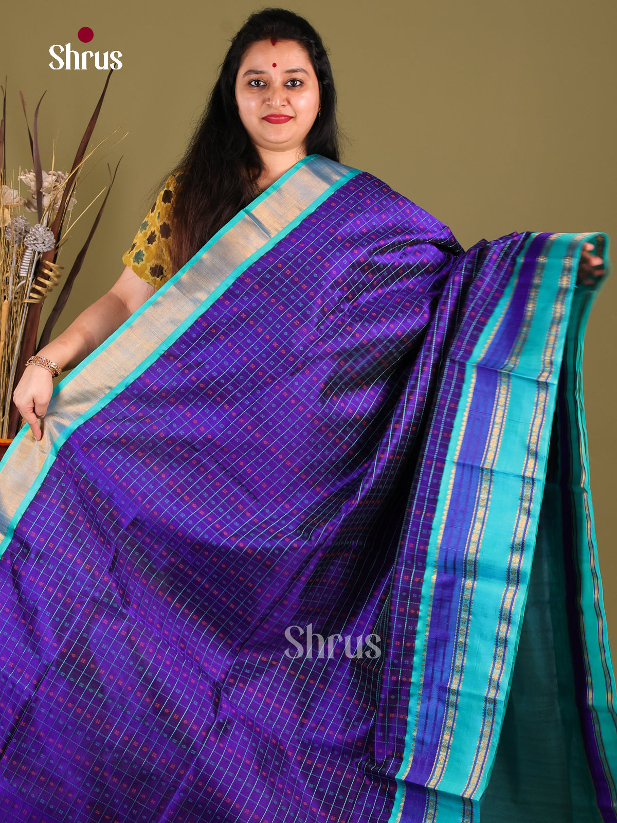 Serene Blue Silk Cotton Saree With Zari Checks, Buttas & Sky Blue Rettaipet Border - Shop on Shrus.com