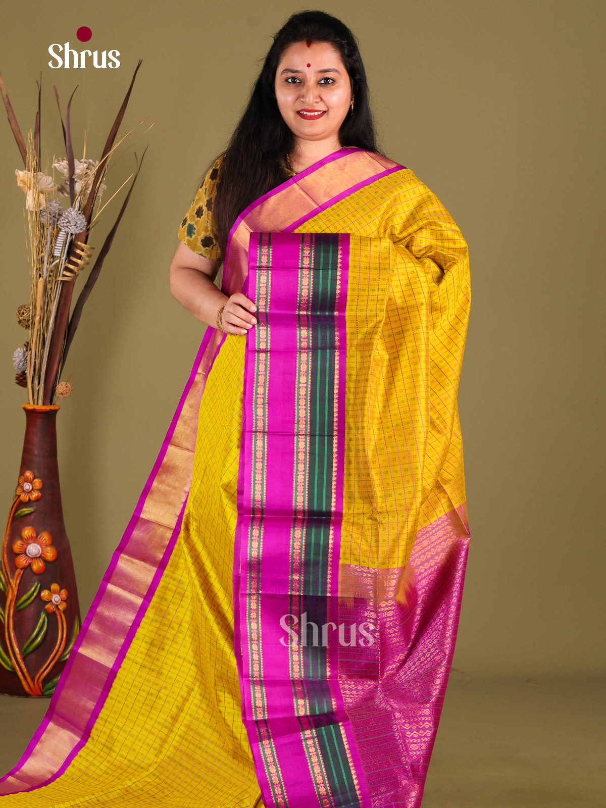 Lustrous Mustard Silk Cotton Saree With Zari Checks, Buttas & Majenta Rettaipet Border