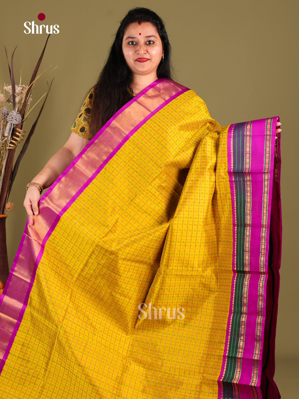 Lustrous Mustard Silk Cotton Saree With Zari Checks, Buttas & Majenta Rettaipet Border 1