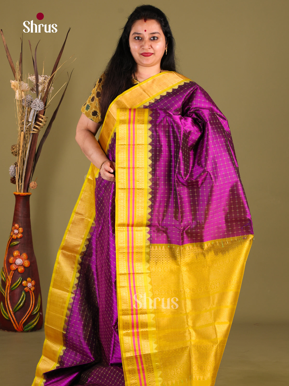 Exquisite Violet Silk Cotton Saree With Checks & Yellow Korvai Zari Border - Shop on Shrus.com
