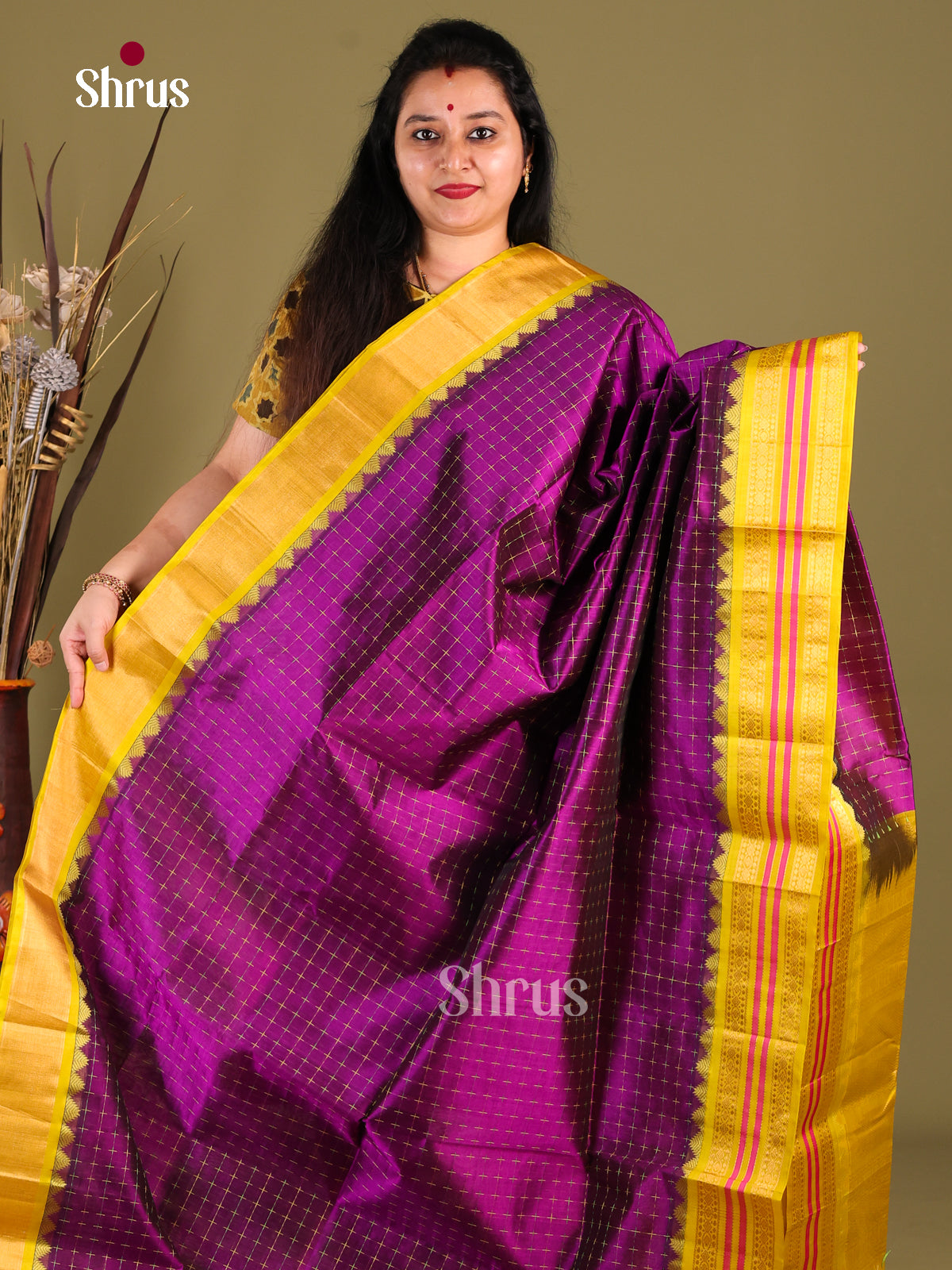Exquisite Violet Silk Cotton Saree With Checks & Yellow Korvai Zari Border - Shop on Shrus.com