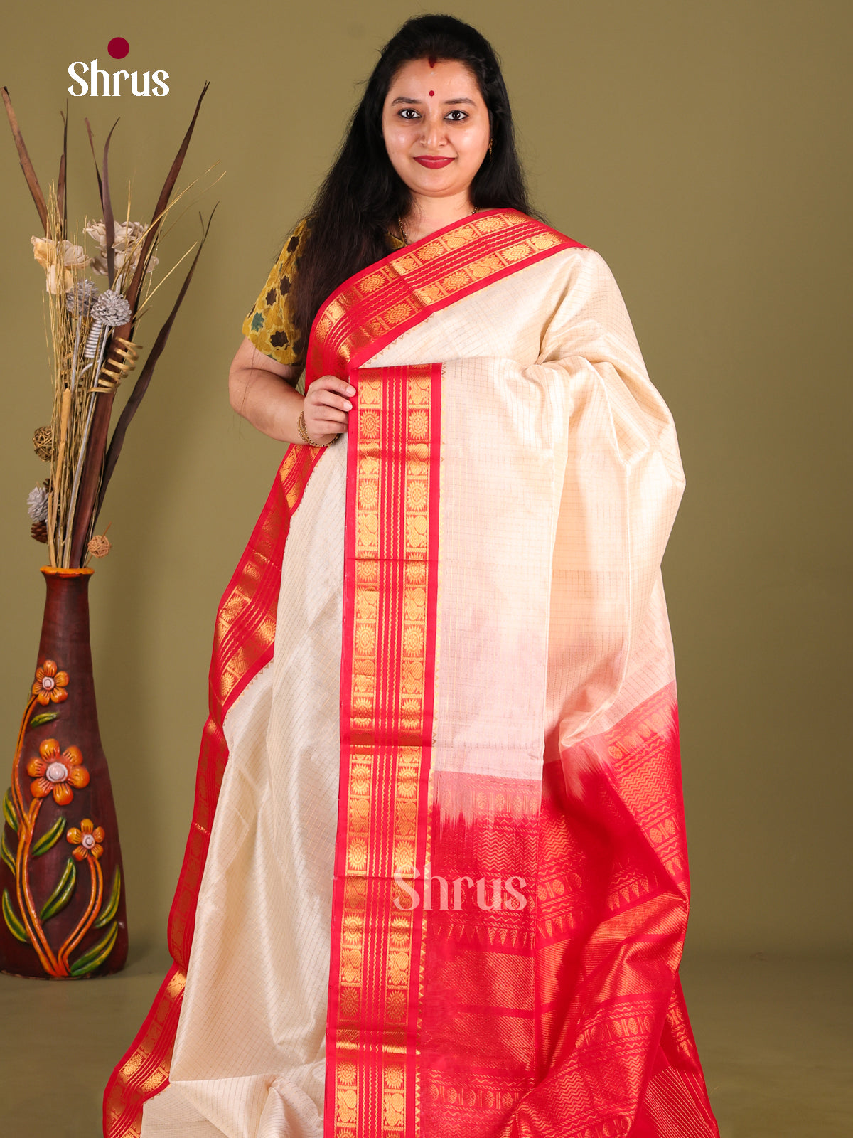 Opulent Cream Silk Cotton Saree With Zari Kattams & Red Korvai Rettaipet Border