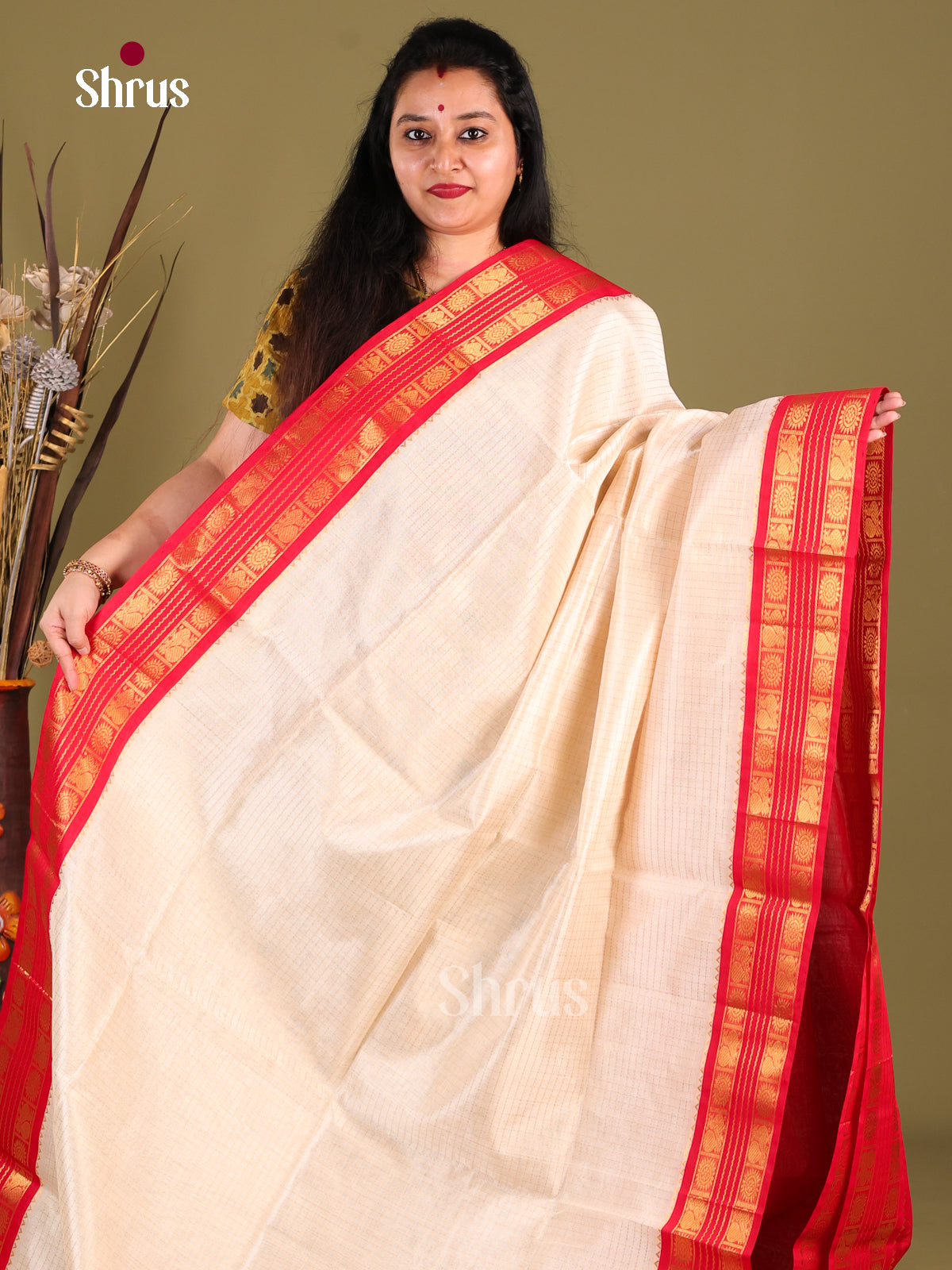 Opulent Cream Silk Cotton Saree With Zari Kattams & Red Korvai Rettaipet Border - Shop on Shrus.com