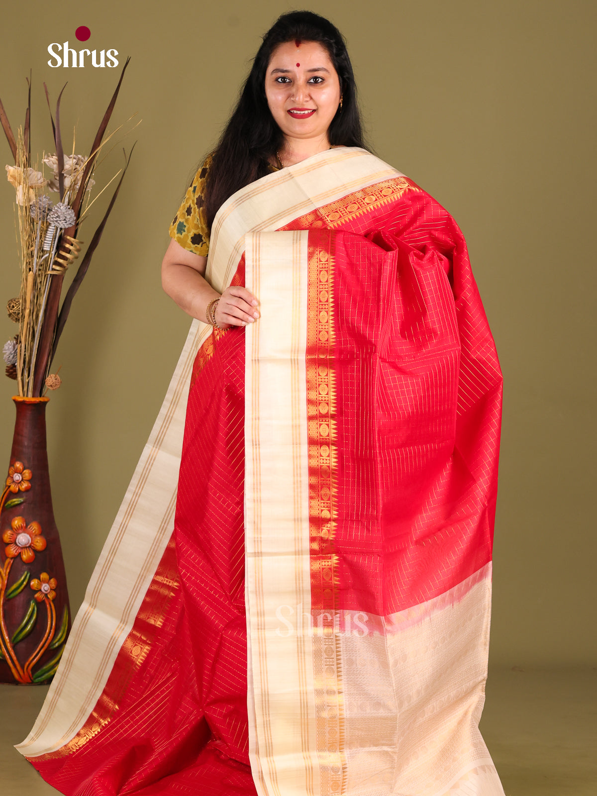 Red & Cream Silk Cotton Korvai-kattams Saree - Shop on Shrus.com