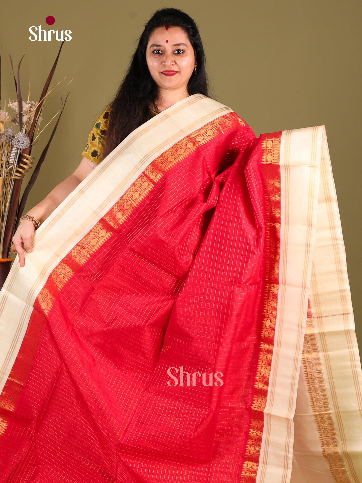 Red & Cream Silk Cotton Korvai-kattams Saree - Shop on Shrus.com