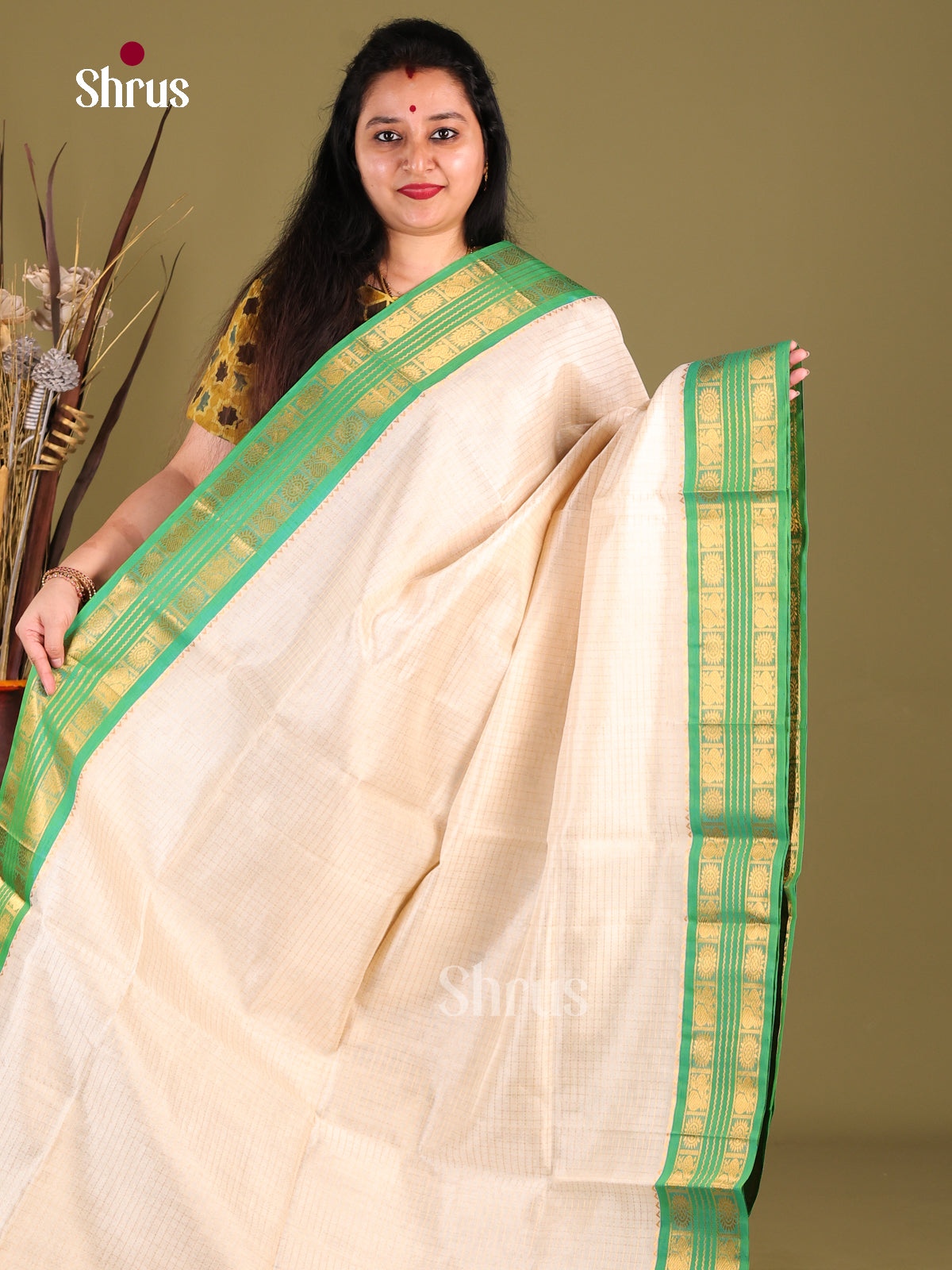 Timeless Cream Silk Cotton Saree With Zari Kattams & Teal Korvai Rettaipet Border 1