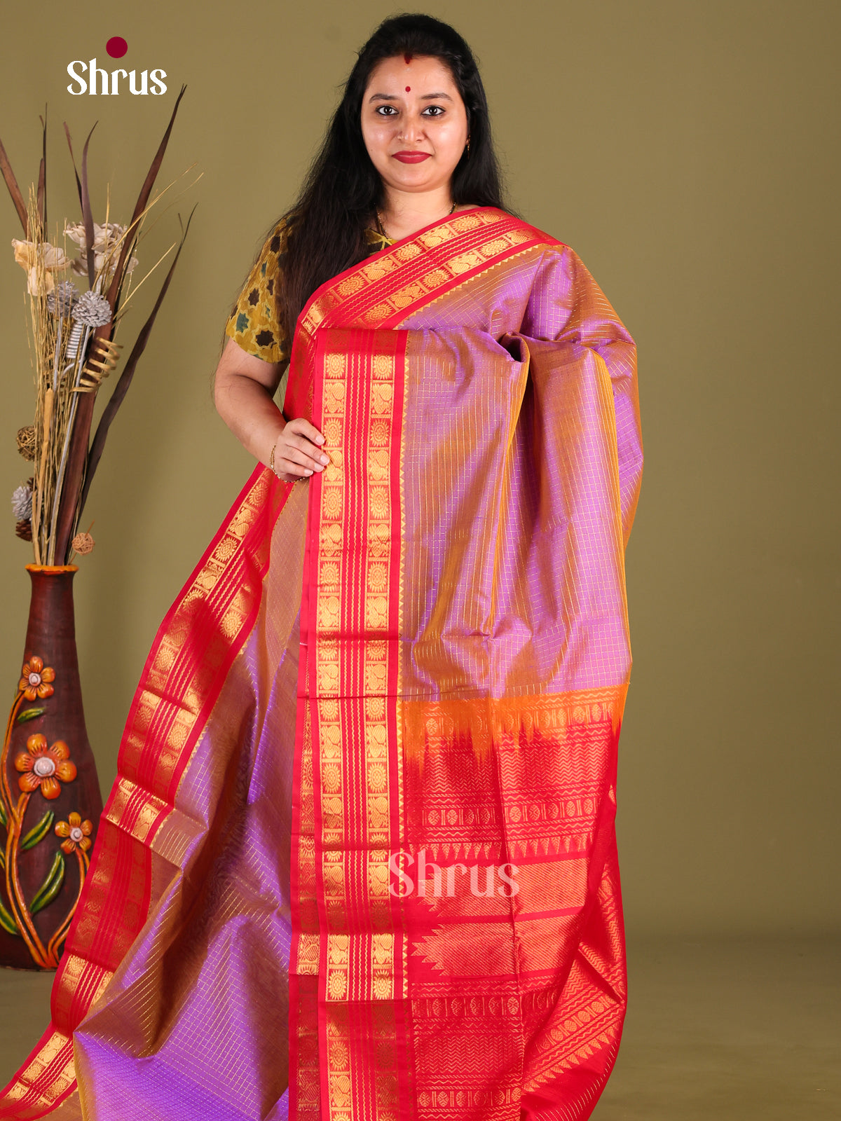 Lavender & Red Silk Cotton Korvai-kattams Saree - Shop on Shrus.com