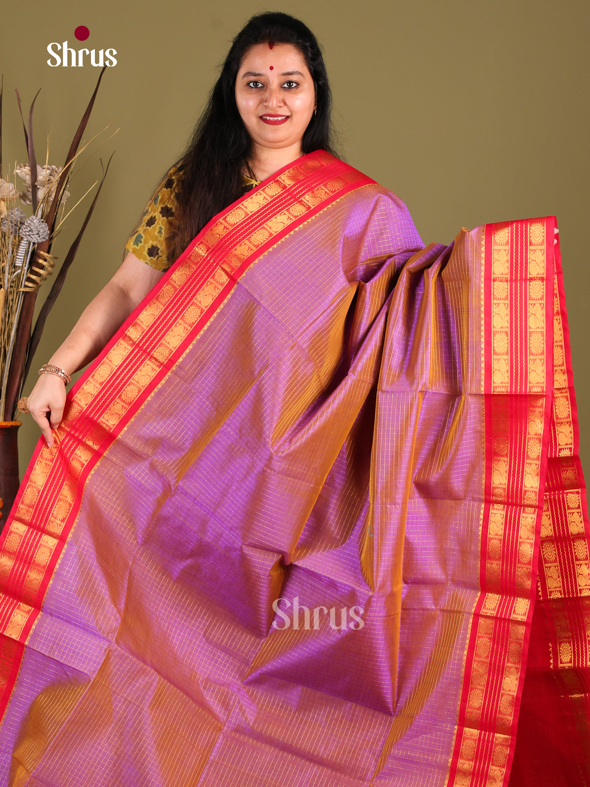Lavender & Red Silk Cotton Korvai-kattams Saree - Shop on Shrus.com