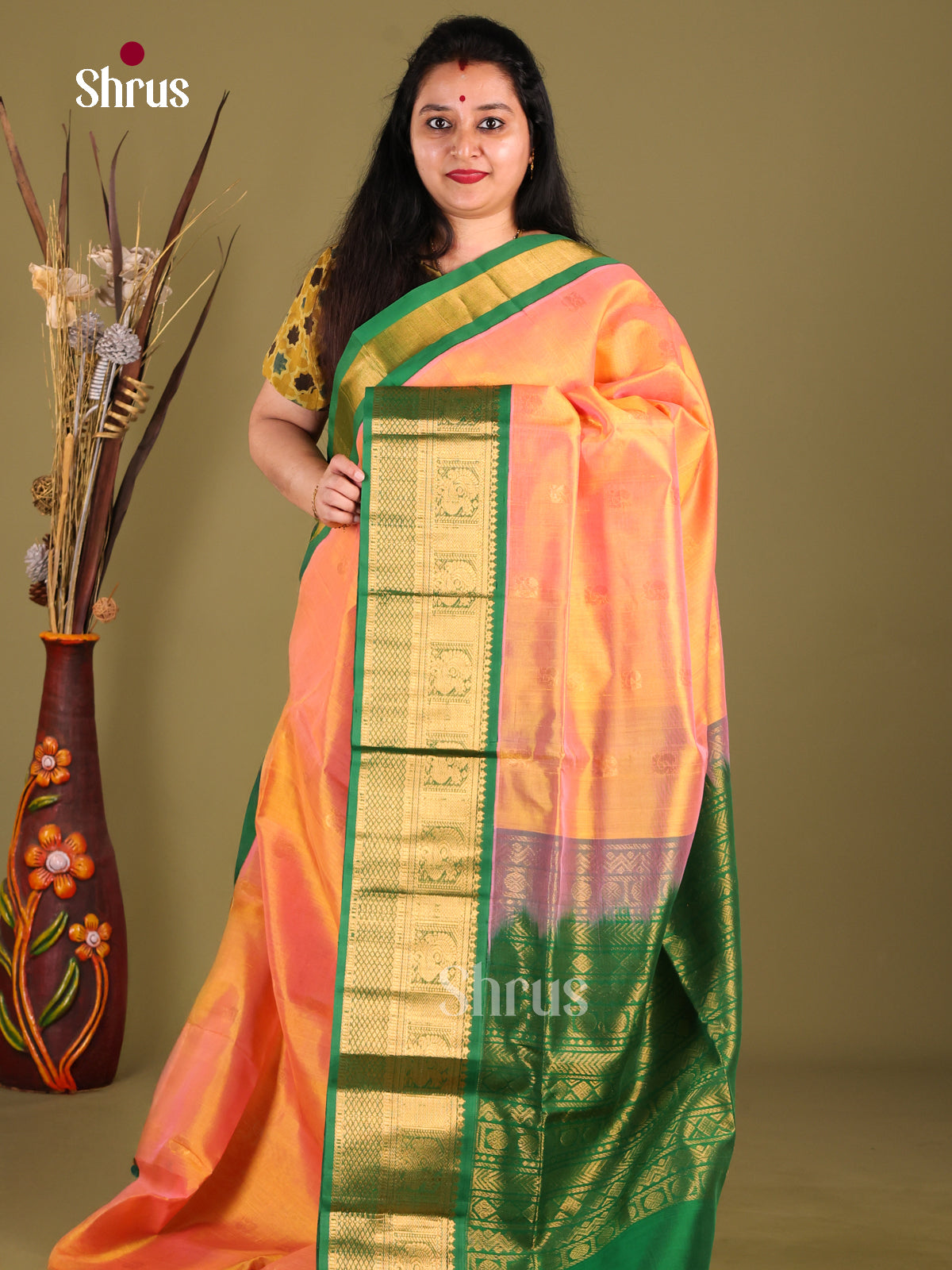 Regal Peach Silk Cotton Saree With Zari Buttas & Green Korvai Zari Border